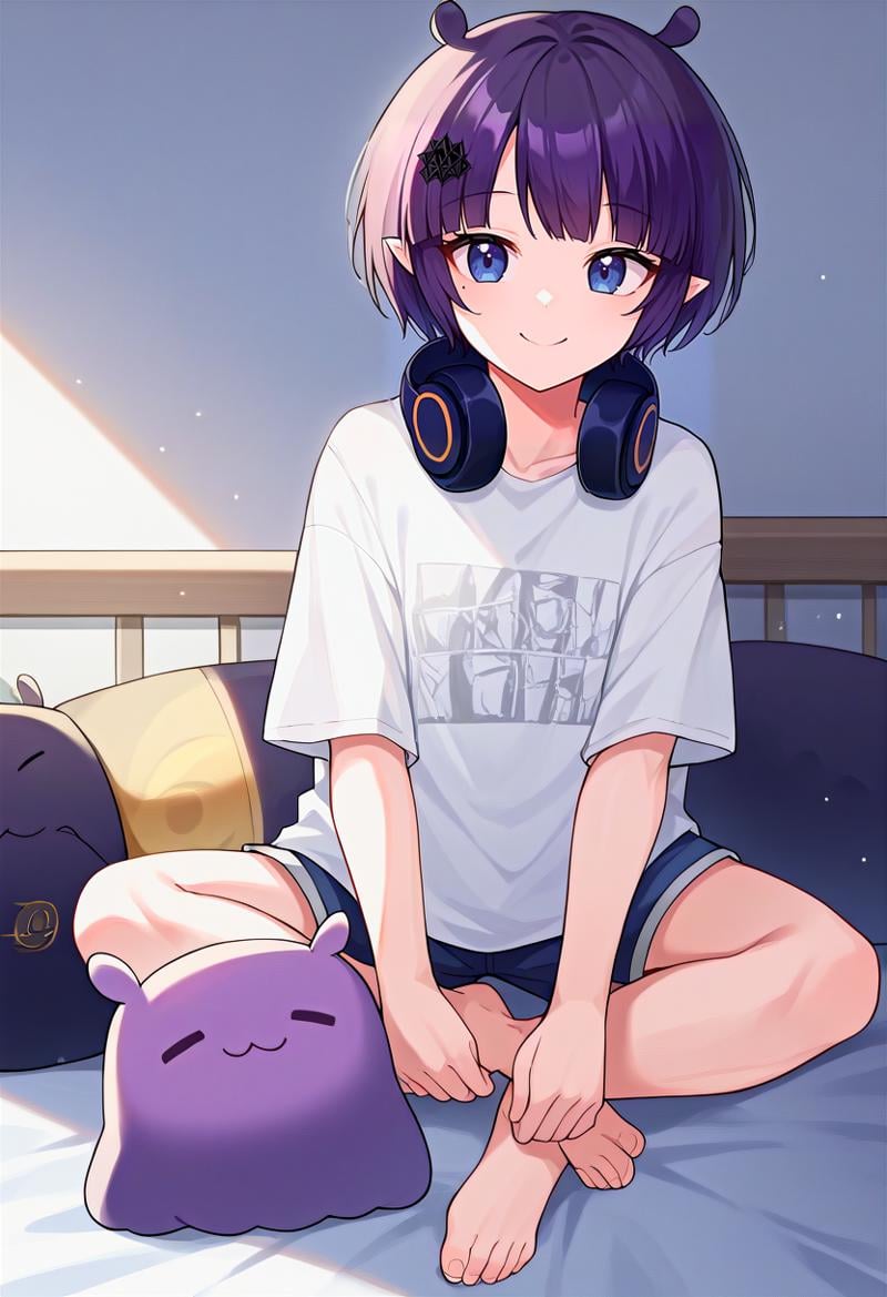 score_9, source_anime, 1girl, solo, full body, sitting, bedroom, inacasual, white t-shirt, short shorts, short hair, headphones around neck, smile, barefoot, mole under eye <lora:inaXL:1>