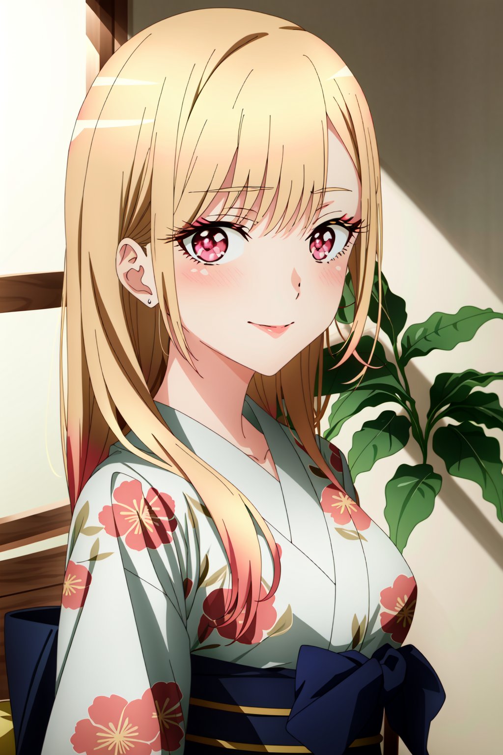 (anime coloring),(masterpiece),(best quality),(ultra-detailed),(best illustration),(best shadow),(absurdres),(detailed background), <lora:OGT_Marin_Kitagawa-v3:0.9> Marin Kitagawa, 1girl, solo, japanese clothes, kimono, blonde hair, smile, looking at viewer, long hair, multicolored hair, black kimono, pink eyes, sash, eyelashes, floral print, obi, kitagawa marin, blush, blurry, upper body