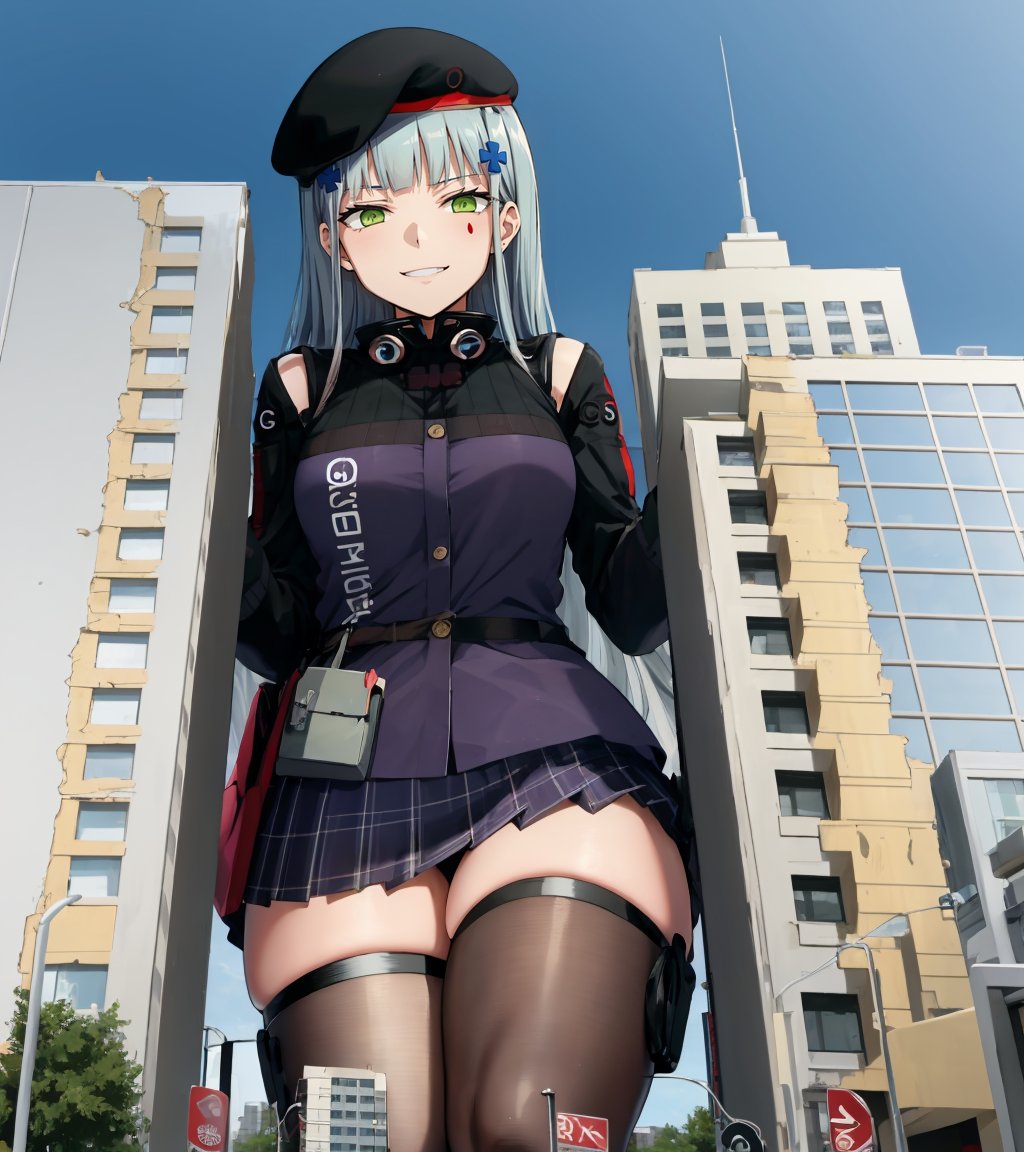 <lora:HK416:0.8>,<lora:GTS:1.2>,hk416normal,(partially obstructed:1.2),(buildings along the bottom of frame blocking view:1.2),beret,pleated skirt,thighhighs,long sleeves,plaid,german flag,giantess,skyscraper