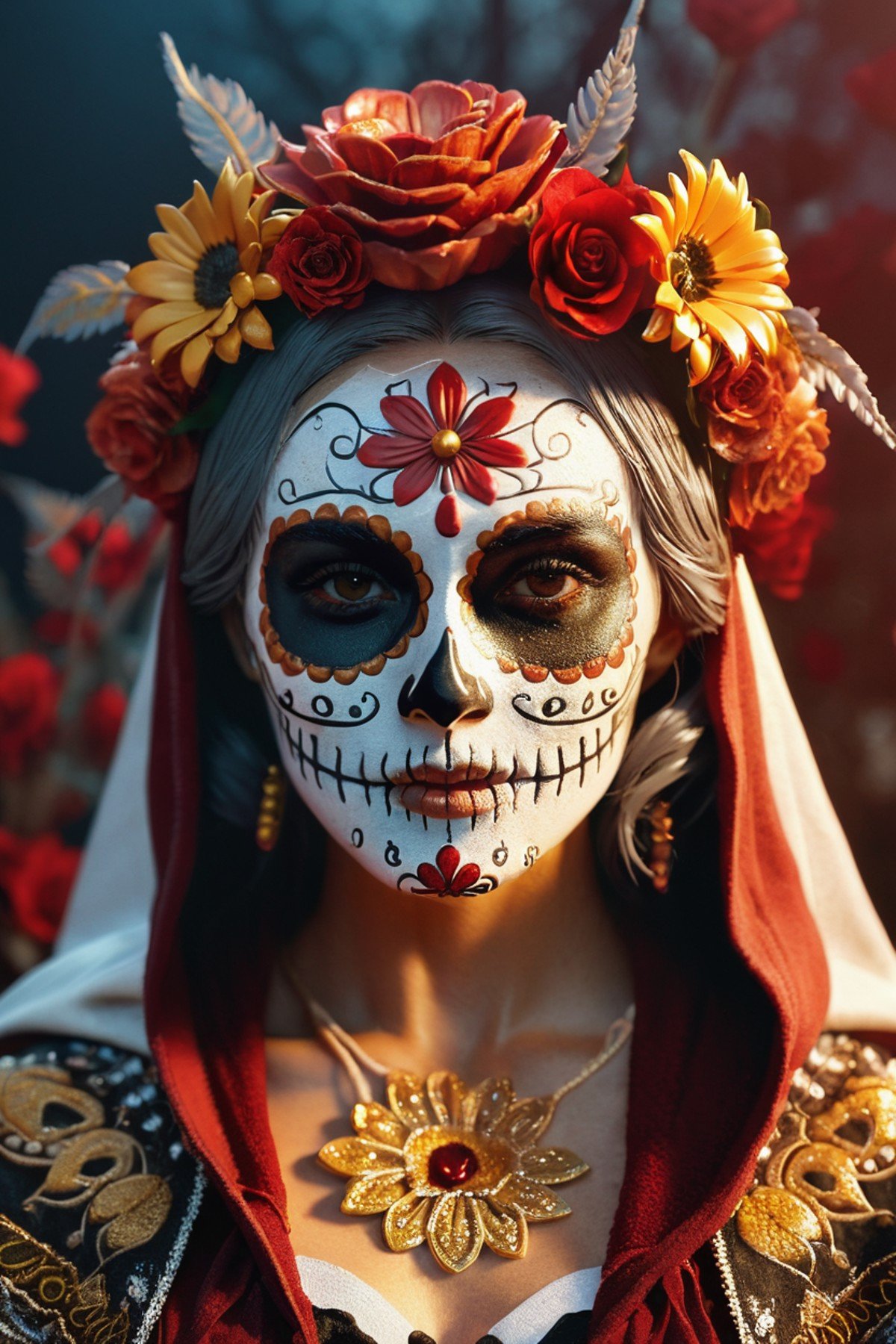 woman dressed sugar skull costume flowers, amazing octane render, thick dust red tones, wearing golden halo, saint woman, white skeleton face, wearing dark hood, hyperrealistic concept art, flower,