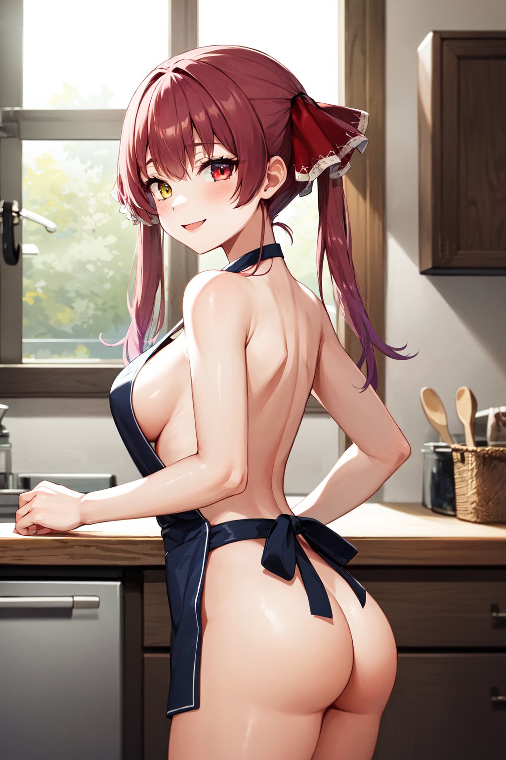 masterpiece, best quality, highres, aamarine, twintails, heterochromia,  <lora:houshou_marine_v1:0.7>, naked apron, sideboob, apron, indoors, ass, from side, looking looking at viewer, smile