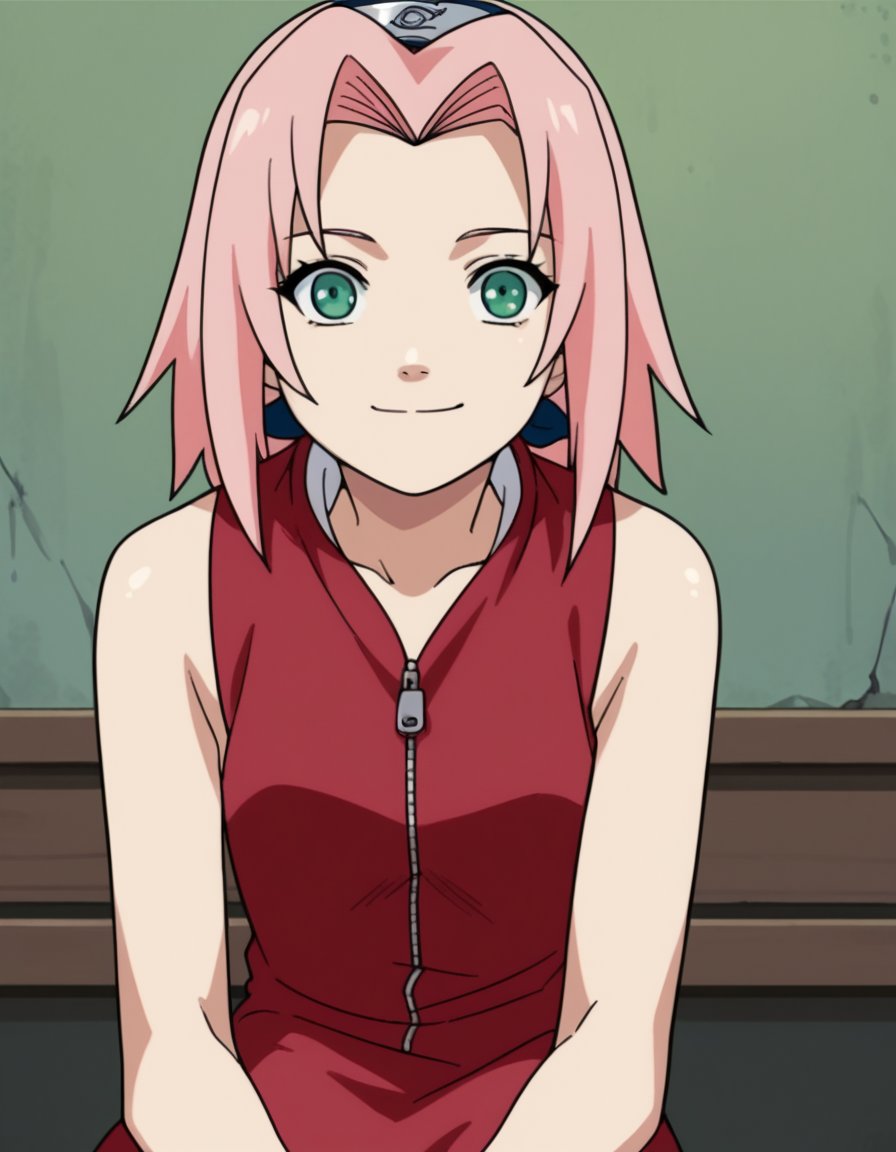 score_9, score_8_up, score_7_up, source_anime, <lora:sakura-haruno-s1-ponyxl-lora-nochekaiser:1>, sakura haruno, medium hair, green eyes, pink hair, parted bangs,, dress, red dress, bare shoulders, collarbone, sleeveless, sleeveless dress, zipper, zipper pull tab, forehead protector,, indoors, smile, looking at viewer, solo, sitting, head rest,, cowboy shot, dutch angle