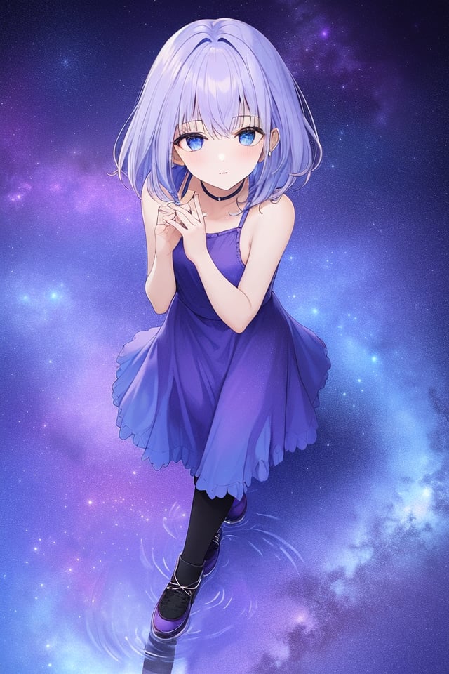 masterpiece,best quality,1girl ,solo, hands on the pocket,black and white dress,looking at viewer,(purple and blue theme:1.3),(purple and blue background:1.5),white hair,blue eyes,(walking:1.3),full body,black footwear,the blue water on ground reflecting the starry sky and nebula and galaxy,(from above:1.2), hands up