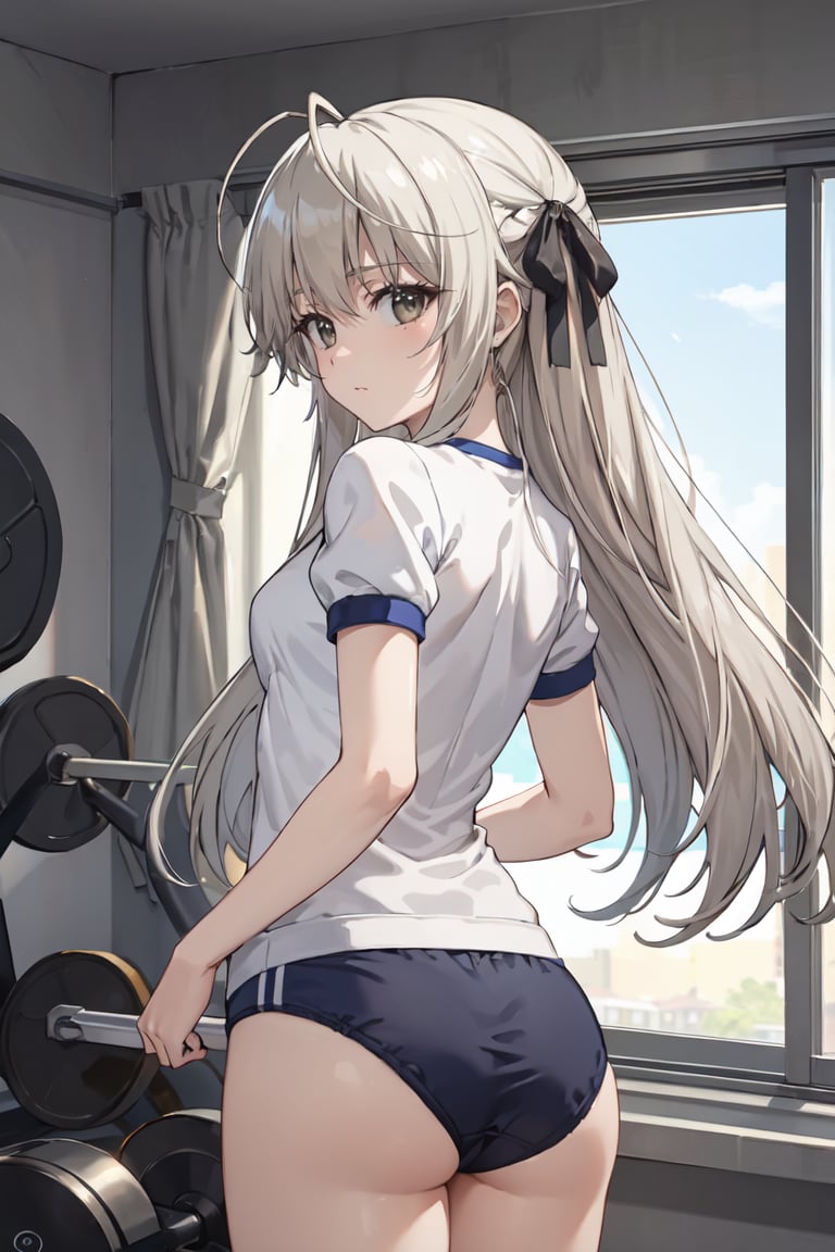 masterpiece, best quality, ultra-detailed, glistening shiny, glowing light, ray tracing, HDR, deph of field, (perfect face, detailed face),  <lora:KasuganoSora:0.7>, kasuganosora, long hair, small breasts, black hair ribbon, gym uniform, buruma, from behind, ass