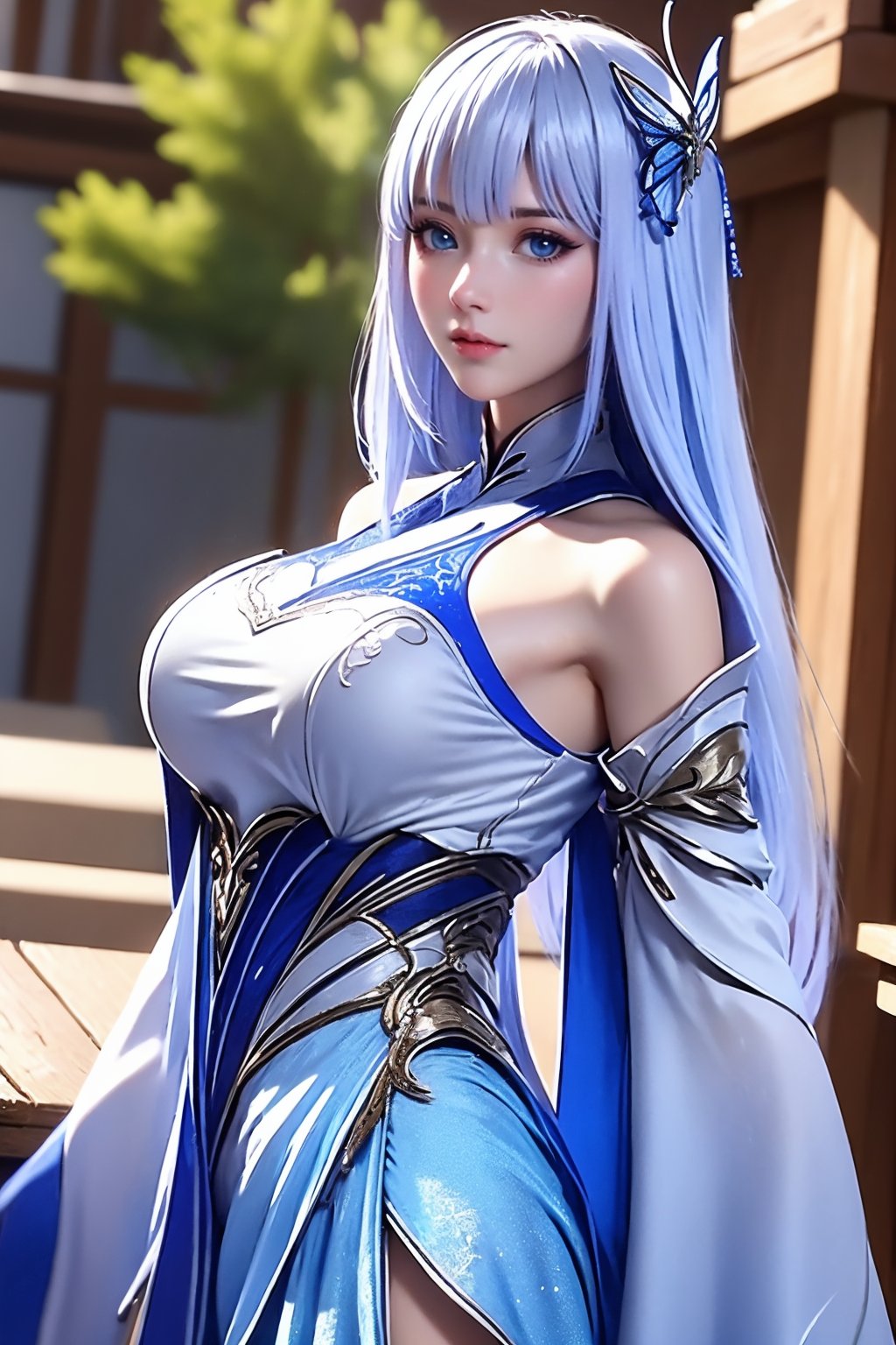 1girl, solo, long hair, blue eyes, hair ornament, detached sleeves, dress, blurry background, bare shoulders, blurry, looking at viewer, breasts, blunt bangs, white hair, butterfly hair ornament, white dress, upper body, closed mouth, lips, wide sleeves, blue dress, indoors, realistic, large breasts, medium breasts, grey hair, very long hair, skirt