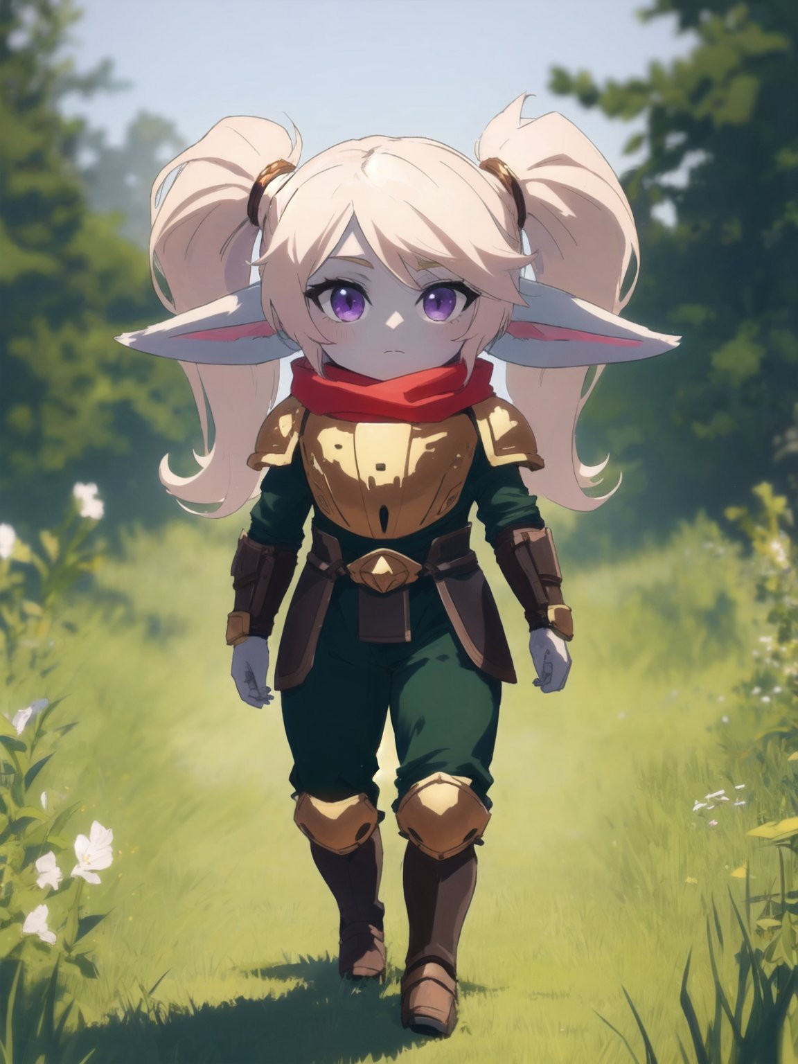 <lora:kupa_poppy:1>, (poppy:1.1), curvy, armor, [green pants:0.3], scarf, full body, meadows, best quality