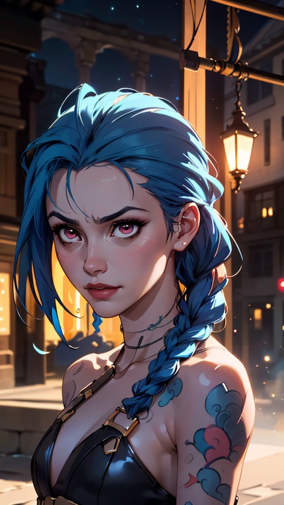 (best quality, masterpiece, colorful, dynamic angle, highest detailed)(Jinx, Legue of Legends, Arcane) upper body professional photo, award winning fashion photography of sexy, intense blue long hair, Jinx  <lora:JinxLol:1>, Legue of Legends, Arcane, flirting, bokeh, (intricate details, hyperdetailed:1.15), detailed, moonlight passing through hair, perfect night (fantasy background, extreme detailed, highest detailed, natural skin texture, hyperrealism, soft light, sharp, perfect face), HDR+