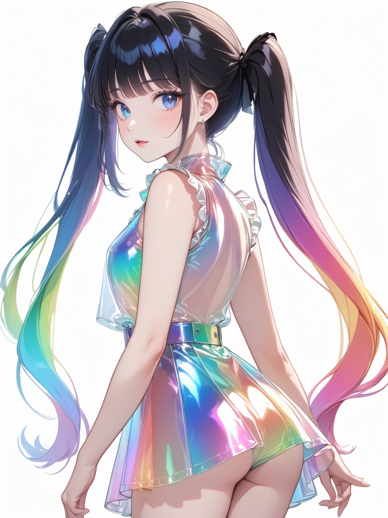 best quality,masterpiece,cute rainbow colored twintails,clear colored PVC costume,clear colored vinyl costume,prismatic,holographic,chromatic aberration,fashion illustration,masterpiece,fashion girl,watcher,8k,ultra detailed,