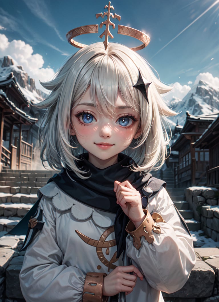 <lyco:paimon1-000005:1.0>, paimondef, upper body, smile, blush, outdoors, day, simple background, blue sky, sky, temple, looking at viewer, stairs, mountain, moody lighting, facing viewer, <lora:add_detail:0.7>,