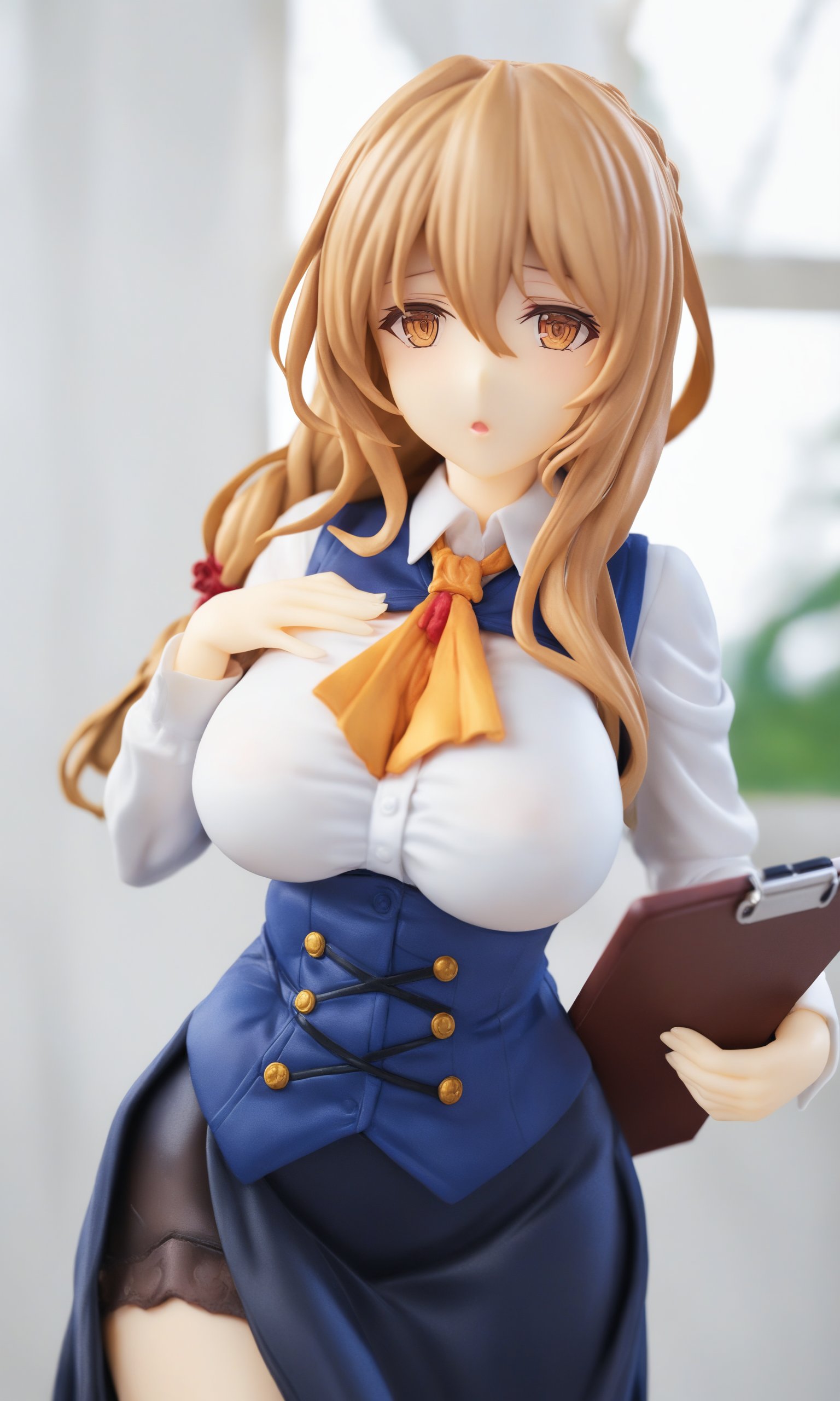 figure,masterpiece,best quality,<lora:guild_girl:0.8>,absurdres, single_braid, orange_ascot, blue_skirt, commentary_request, parted_lips, large_breasts, white_shirt, solo, 1girl, long_sleeves, highres, blue_vest, holding_clipboard, yellow_ribbon, looking_at_viewer, guild_girl_\(goblin_slayer!\), upper_body, dress_shirt, standing, collared_shirt, hand_on_own_chest, photoshop_\(medium\)