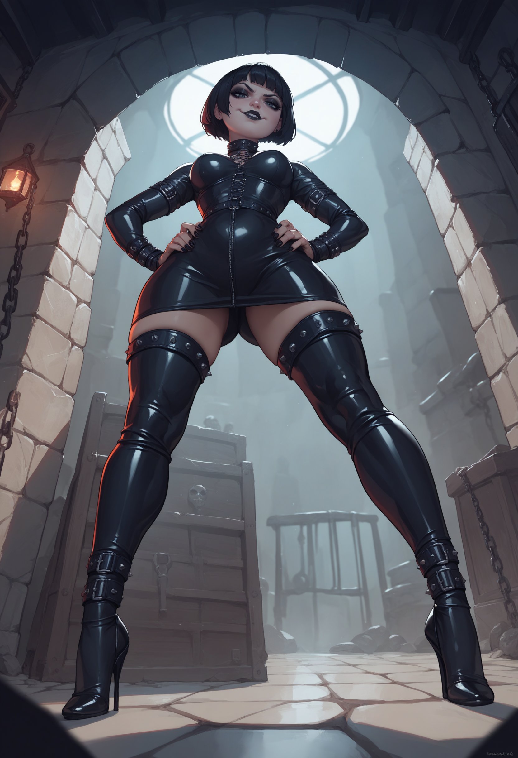 score_9, score_8_up, score_7_up, source_anime, 1girl, goth girl, dominatrix, from below, short hair, black lips, breasts, smug, latex, high heels, dungeon, cages