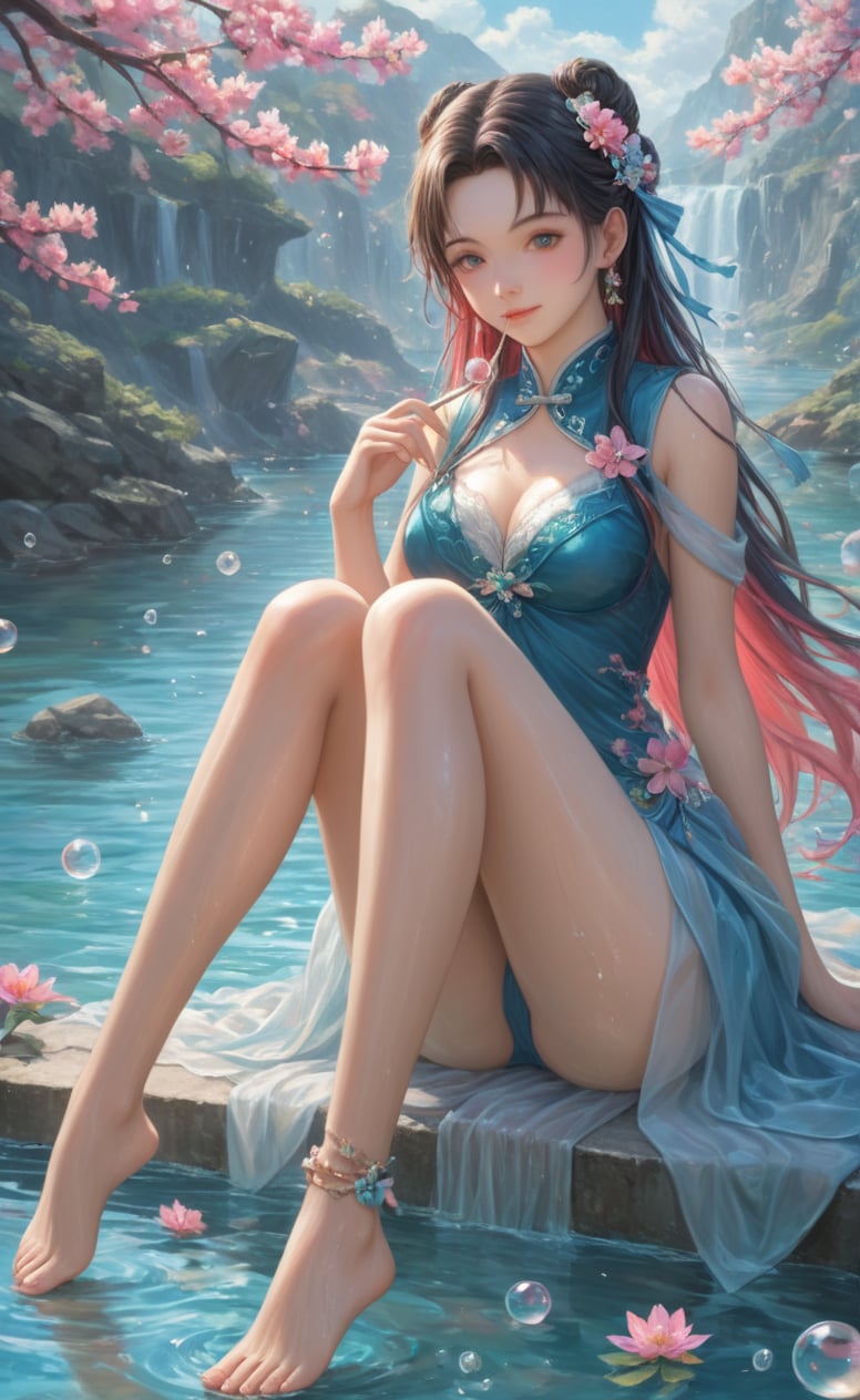 Colorful colors,surrounded by water bubbles,oil paintings painted in anime style,chinese girls,full body,barefoot, masterpiece, best quality,