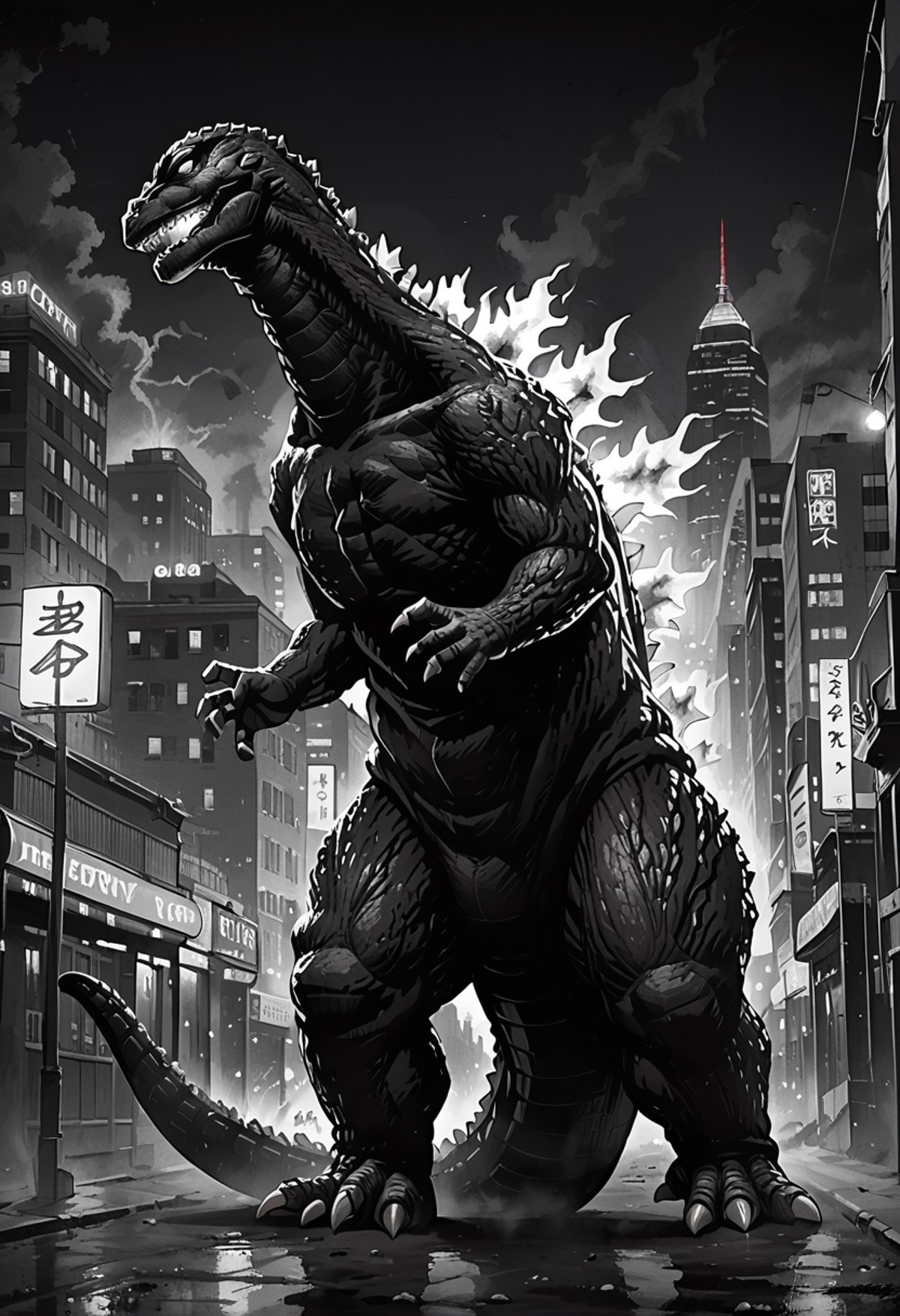 score_9, score_8_up, score_7_up, score_6_up, score_5_up, source_furry, kaiju, godzilla, monster, city background, blurred background, digital painting, dof, cinematic lighting, <lora:Godzilla_1954:0.8> godzilla_1954, spines, monochrome, black and white, realistic, realism, burning city background