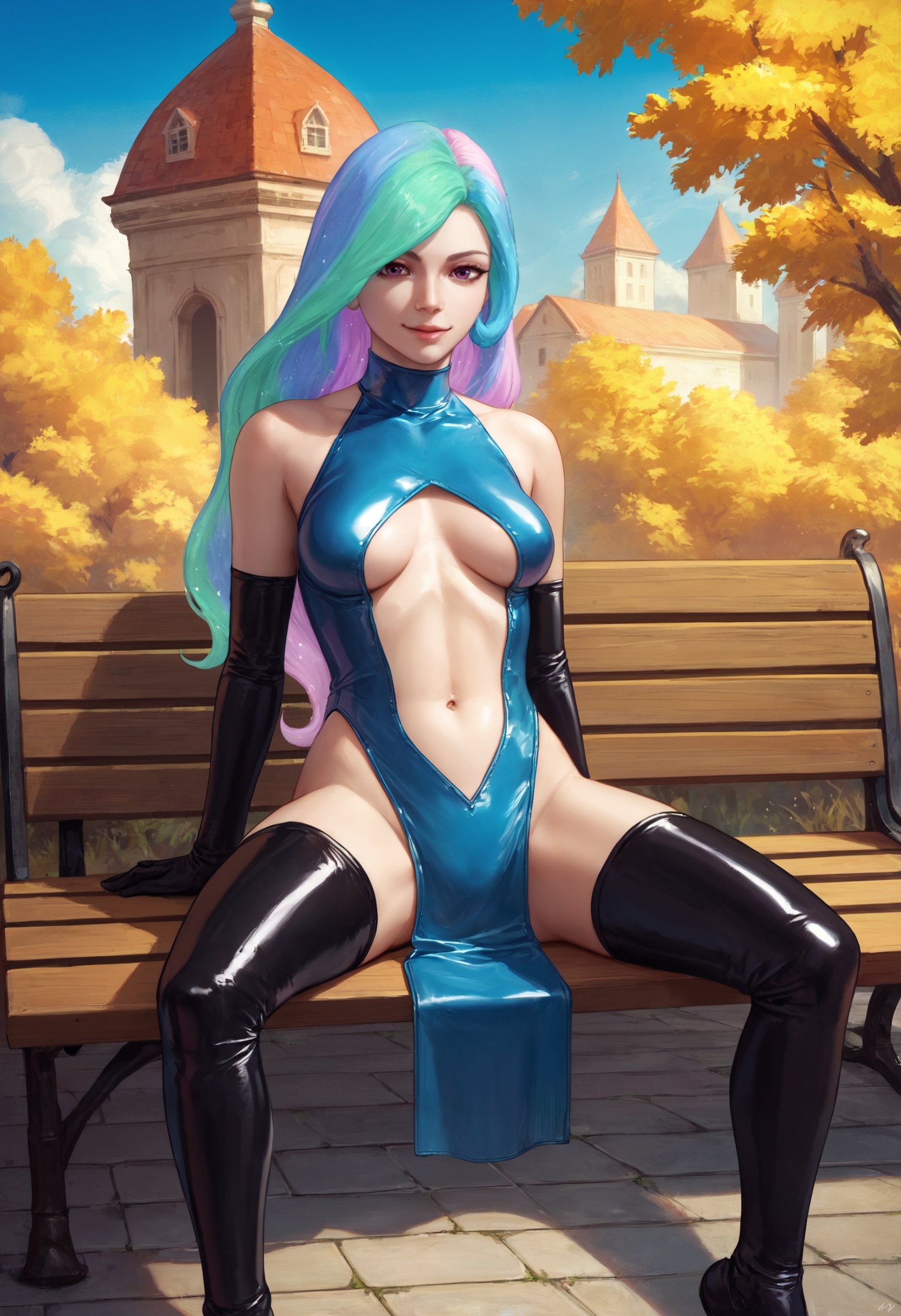 zPDXL, source_anime, 1girl,human celestia,latex princess, thighhighs, elbow gloves, breasts apart, pelvic curtain, sitting on bench,outdoors, blue sky,<lora:latex-princess-ot6-1560:0.8>