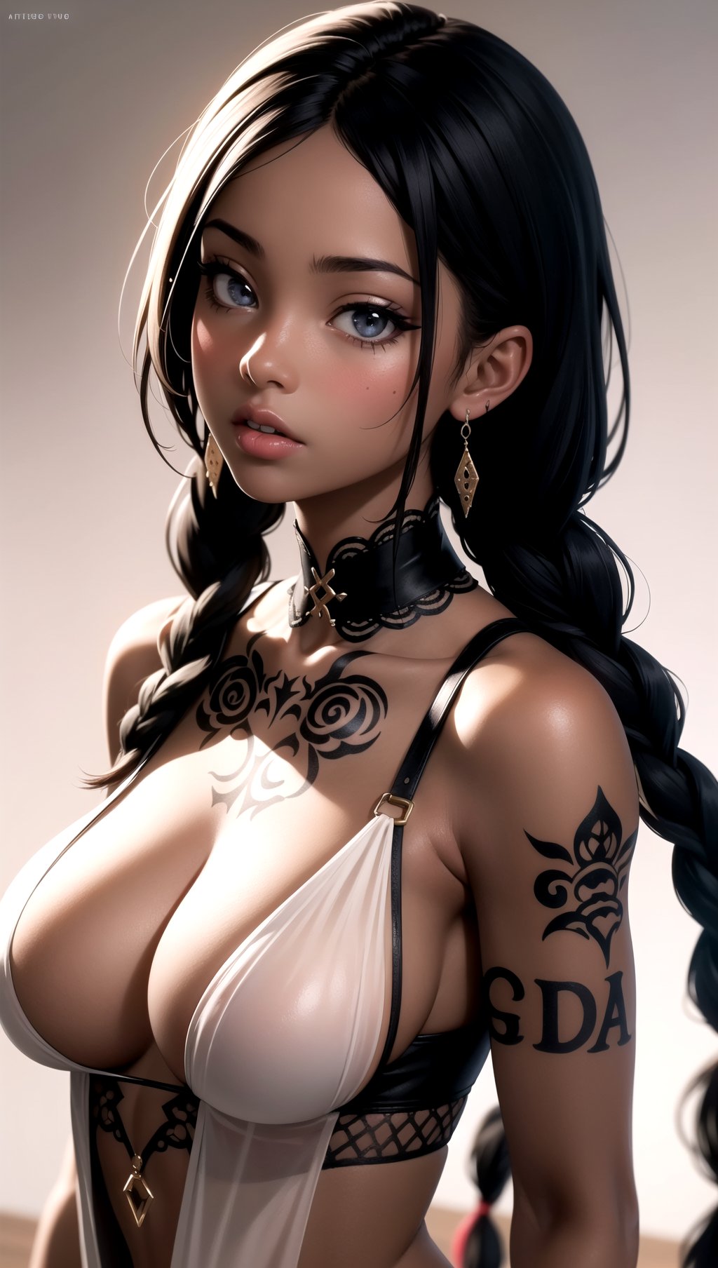 1girl,african girl,((dark-skinned)),long braids,body covered in words,words on body,tattoos of words on body,(masterpiece,best quality),large breasts,(intricate details),unity 8k wallpaper,ultra detailed,(pastel colors),beautiful and aesthetic,see-through (clothes),detailed,solo,look at viewer,