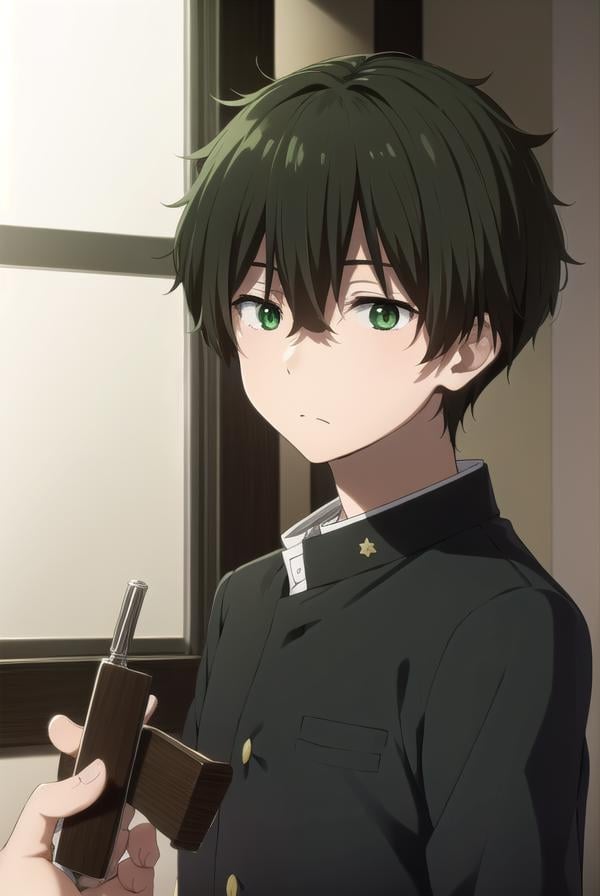 houtarouoreki, <lora:houtarou oreki s1-lora-nochekaiser:1>,houtarou oreki, short hair, bangs, black hair, hair between eyes, (green eyes:1.5), male focus,BREAK school uniform, gakuran,BREAK indoors, classroom,BREAK looking at viewer, (cowboy shot:1.5),BREAK <lyco:GoodHands-beta2:1>, (masterpiece:1.2), best quality, high resolution, unity 8k wallpaper, (illustration:0.8), (beautiful detailed eyes:1.6), extremely detailed face, perfect lighting, extremely detailed CG, (perfect hands, perfect anatomy),