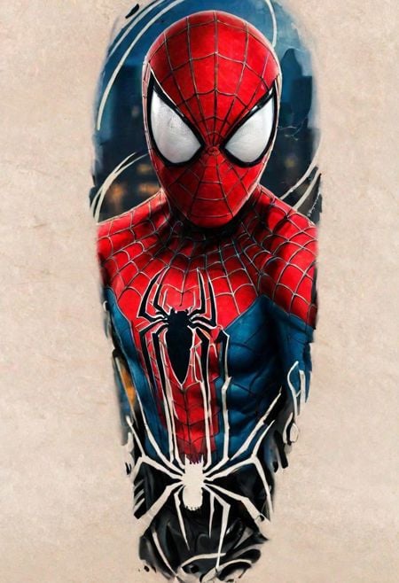 (Oval:1.3),A Tattoo Color Desing Portrait of Spiderman in City