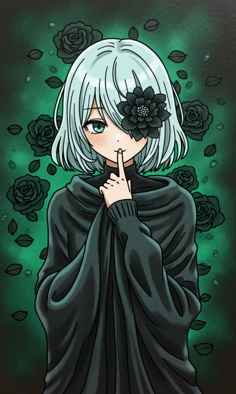 An Acrylic style painting that is expressive, gives it a dynamic and emotional quality. Anime art of a stylized portrait of a woman with a ethereal black and green mist surrounding her body. The mist creates a dramatic and surreal effect. A black flower, that is blooming, covering one eye, attached to the face. The woman has a cold aesthetic, complimented by her white hair. Anime art of woman draped in shadows with a lighting that enhances her unique features. The background is dark green, filled with black rose petals. Holding finger to lips, shush, shushing motion,.