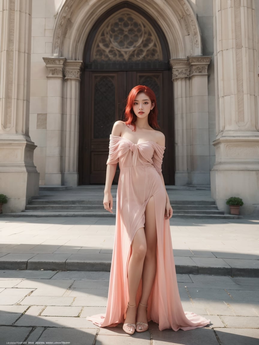portrait of beautiful asian fashion model with pale red hair, ethereal dreamy foggy, photoshoot by Annie Leibovitz, editorial Fashion Magazine photoshoot, fashion poses, in front of gothic cathedral architecture. Kinfolk Magazine. Film Grain. a soft smile, full body, 