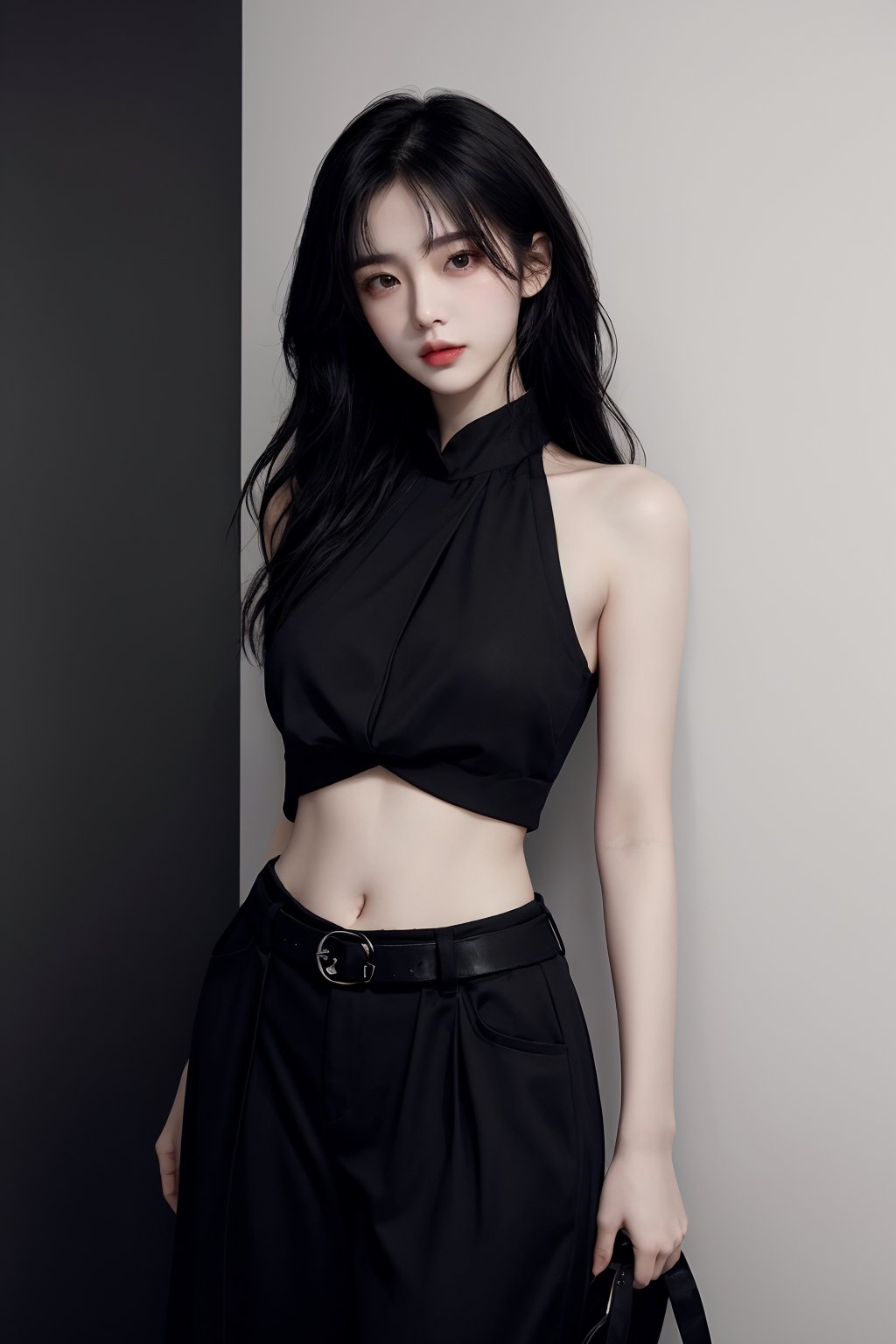 masterpiece, best quality, masterpiece,best quality,official art,extremely detailed CG unity 8k wallpaper,woman,photorealistic, masterpiece, realistic,araffed woman in black top and black pants posing for a picture, jiyun chae, wavy long - length black hair, shoulder-length black hair, lu ji, +81 magazine, wavy shoulder-length hair, kim hyun joo, physical : tinyest midriff ever, tinyest midriff ever, Wang Yuanqi, black wavy hair with bangs, long thin black hair, huge belt, female actress from korea, Du Qiong, Huang Ji, Qian Du, portrait of female korean idol, wavy long black hair, black long hair, shoulder length black hair, id magazine, Hu Zaobin, dilraba dilmurat, wavy black hair, black wavy hair, no logo, beautiful midriff, jia, Chen Jiru, gold belt, Luo Mu <lora:模特:0.8>