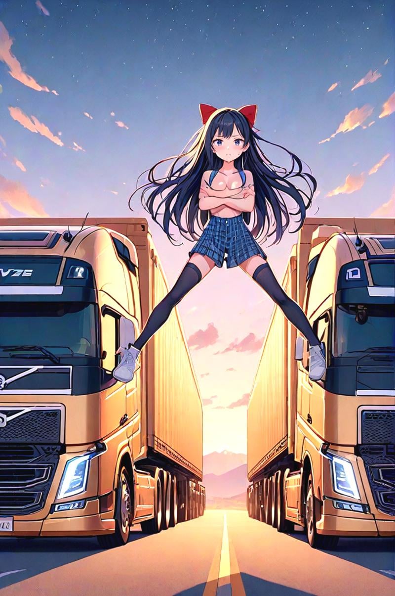 source_anime, score_9, score_8_up, score_7_up, score_6_up, score_5_up, score_4_up, (((wide shot))), big truck, golden truck, epic split, crossed arms, spread legs, outstretched leg, sky, wind, volvo, desert road, center line, distant sierra, vanishing point, headlight, closed mouth, night, evening, solo, 1girl, cute, looking at viewer, black hair, absurdly long hair, red ribbon, red bow, naked overalls, plaid skirt, black thighhighs, sneakers, sweat, cleavage, shy, blush, slim figure, <lora:girllikeepicsplit_pony:1>