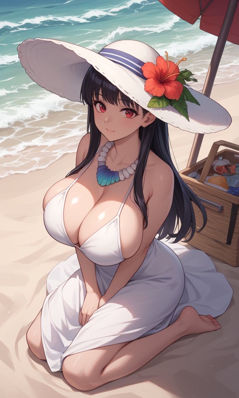 score_9, score_8_up, score_7_up, score_6_up, score_5_up, score_4_up, source_anime, BREAK, detailed face and eyes,shiny skin,1lady,solo, face focus, BREAK, white flowy maxi dress,wide-brimmed hat,shell necklace,BREAK,loose beach waves,natural,BREAK,relaxed,carefree,free-spirited,BREAK,beach,resort,outdoor festival,red eyes,huge breasts, kneeling, from above