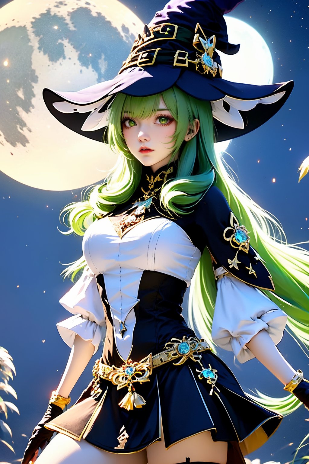 1girl, lisa \(genshin impact\), solo, breasts, witch hat, green eyes, hat, gloves,night moon,