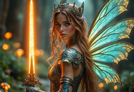 cinematic shot of a beautiful magical fairy, beautiful face details and long hair, holding a magical glowing sword in an epic attack pose, colorful magical fairy wings on her back, magical fantasy forest in background with glowing mushrooms, hkstyle, super realistic, style of epic cinematic, amazing quality