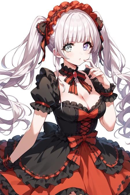 score_9, score_8_up, score_7_up, score_6_up, 1girl,<lora:Izumo_Saki:0.9> saki, long hair, grey eyes, twintails, heterochromia, lolita_fashion, red minidress, black, cleavage,