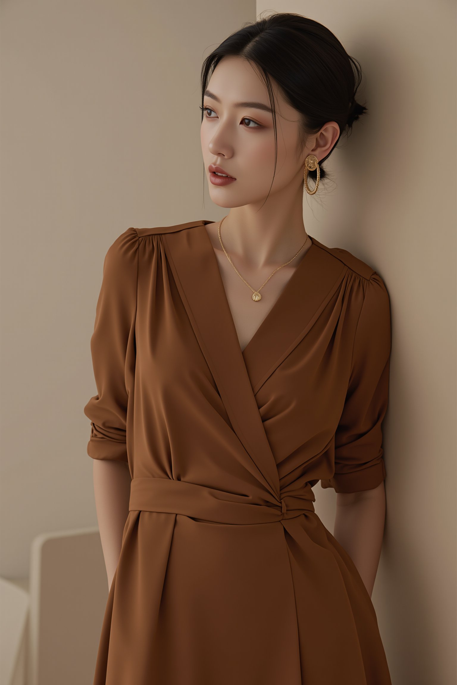 tianhai girl, photograph, woman in a long, brown dress, leaning against a textured wall, soft lighting, serene expression, dark hair styled in a sleek updo, gold hoop earrings, delicate necklace, subtle makeup, neutral background, elegant and poised.<lora:光影人像v2.0:0.8>