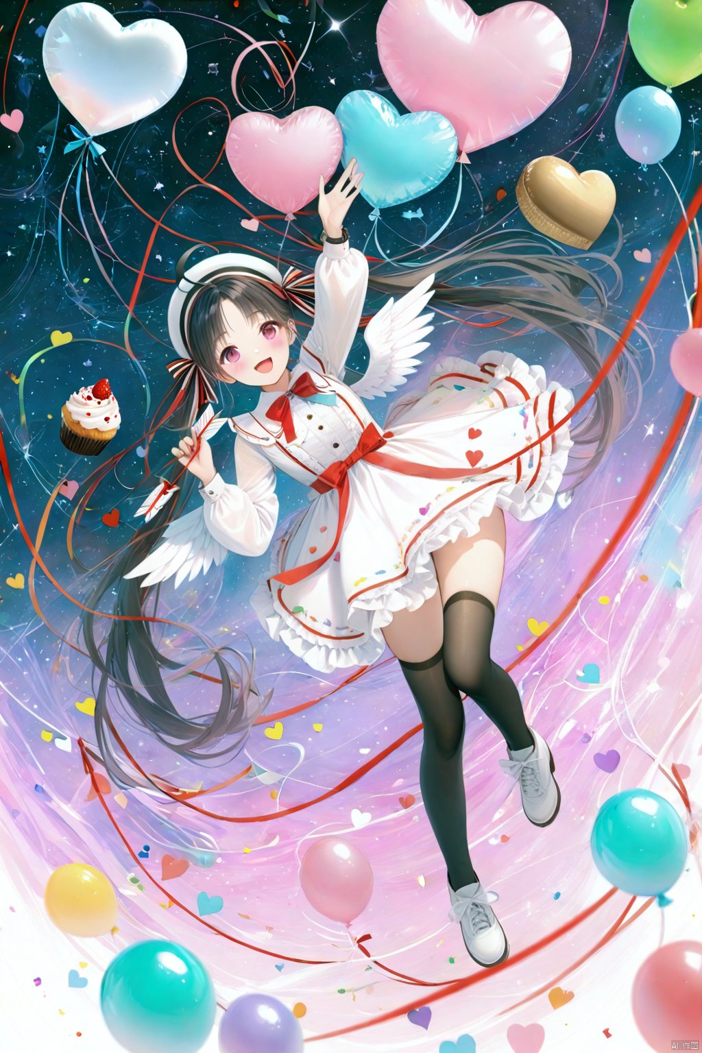 (masterpiece),(best quality),illustration,ultra detailed,hdr,Depth of field,(colorful),Artist sakura shiori, 1girl, solo, heart, thighhighs, long hair, balloon, envelope, twintails, black thighhighs, love letter, cupcake, hat, dress, smile, letter, bow, white footwear, black hair, looking at viewer, long sleeves, wings, open mouth, beret, very long hair, frills, :d, food, ahoge, blush, heart balloon, sparkle, holding, pink eyes, shoes, full body, white headwear, shirt, ribbon, white shirt, string of fate, frilled dress, string, sleeveless dress, arrow (projectile), rainbow, watch<lora:EMS-369296-EMS:1.500000>