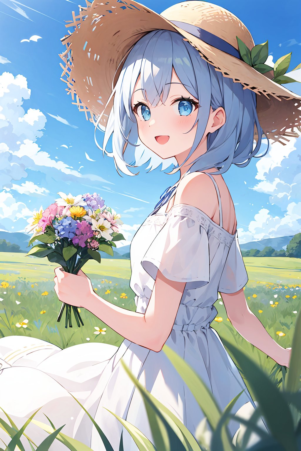 Girl, white dress, wearing a straw hat, cute, happy, field, flowers, grass, holding flowers, breeze, blue sky, white clouds, perfect face, best picture quality, 8k resolution,undercut