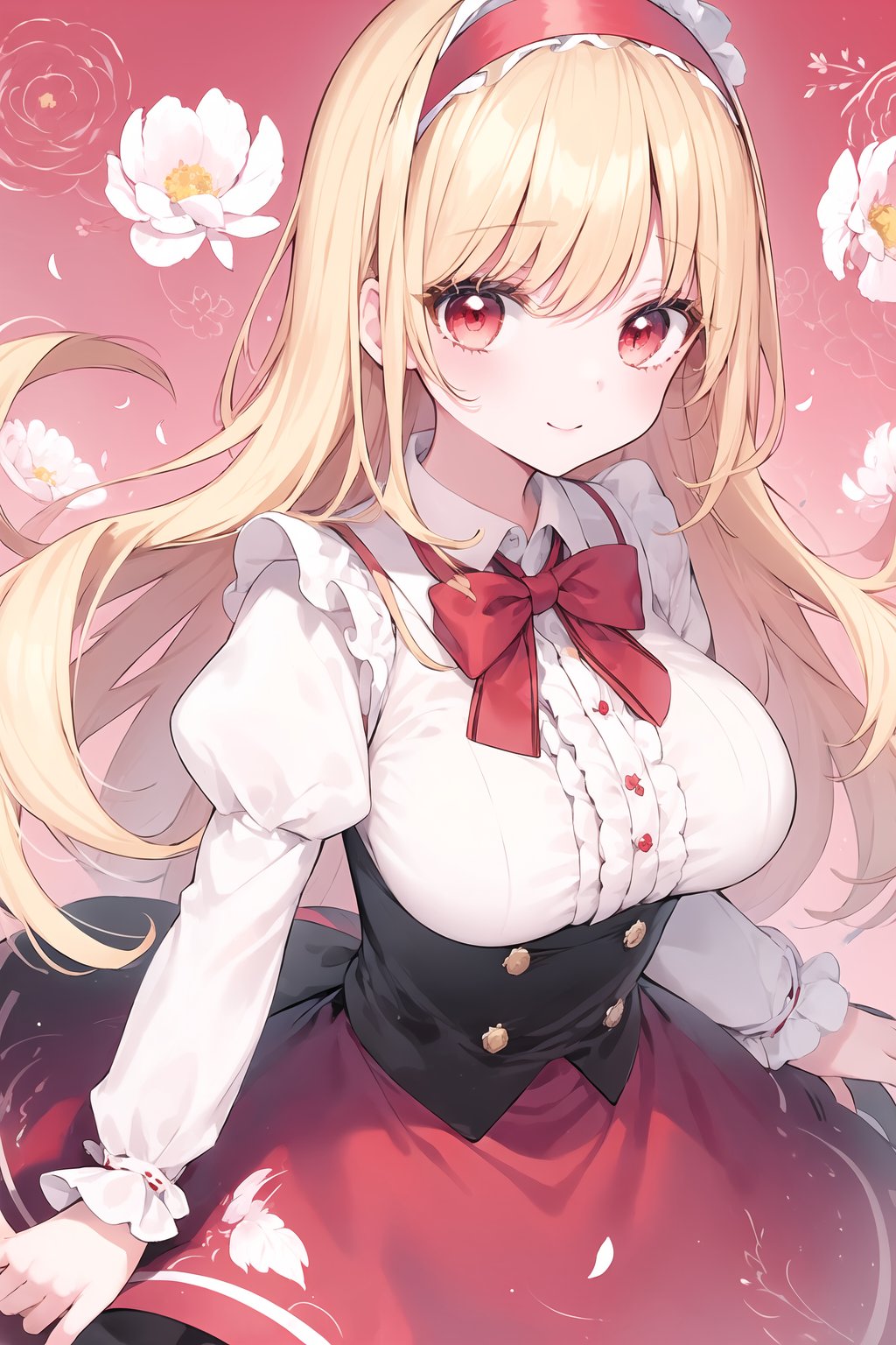 1girl, solo, (face, eye focus, close-up:0.7), (alice, forest), bow, slender, long skirt, blond hair, hairband, red eyes, underbust, huge breasts, skirt hold, curtsey, (smile:0.7), floral_background, Petals