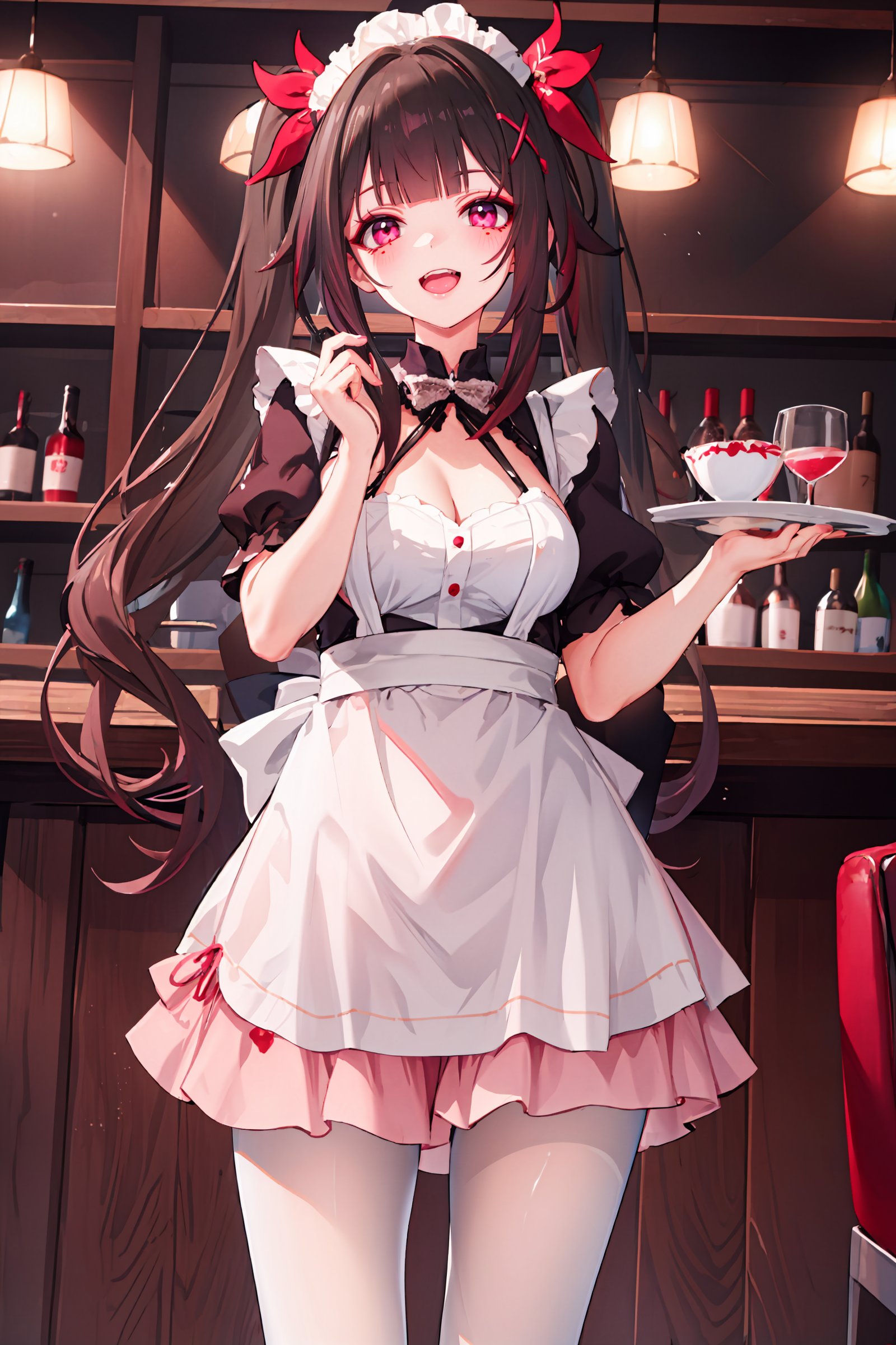 1girl, sparkle \(honkai: star rail\), twintails, solo, maid, maid headdress, maid apron, pantyhose, open mouth, laughing, holding plate, looking at viewer, cowboy shot, bar \(place\), indoors, depth of field