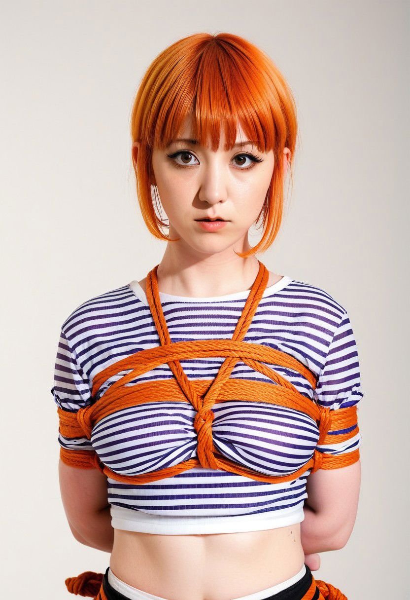 raw photo,takatekote, 1girl, rope, striped shirt, crop top, midriff, white background, orange hair, simple background, shibari over clothes, short hair, parted lips, navel, upper body, looking at viewer, head tilt, medium breasts, blunt bangs, short sleeves, brown eyes