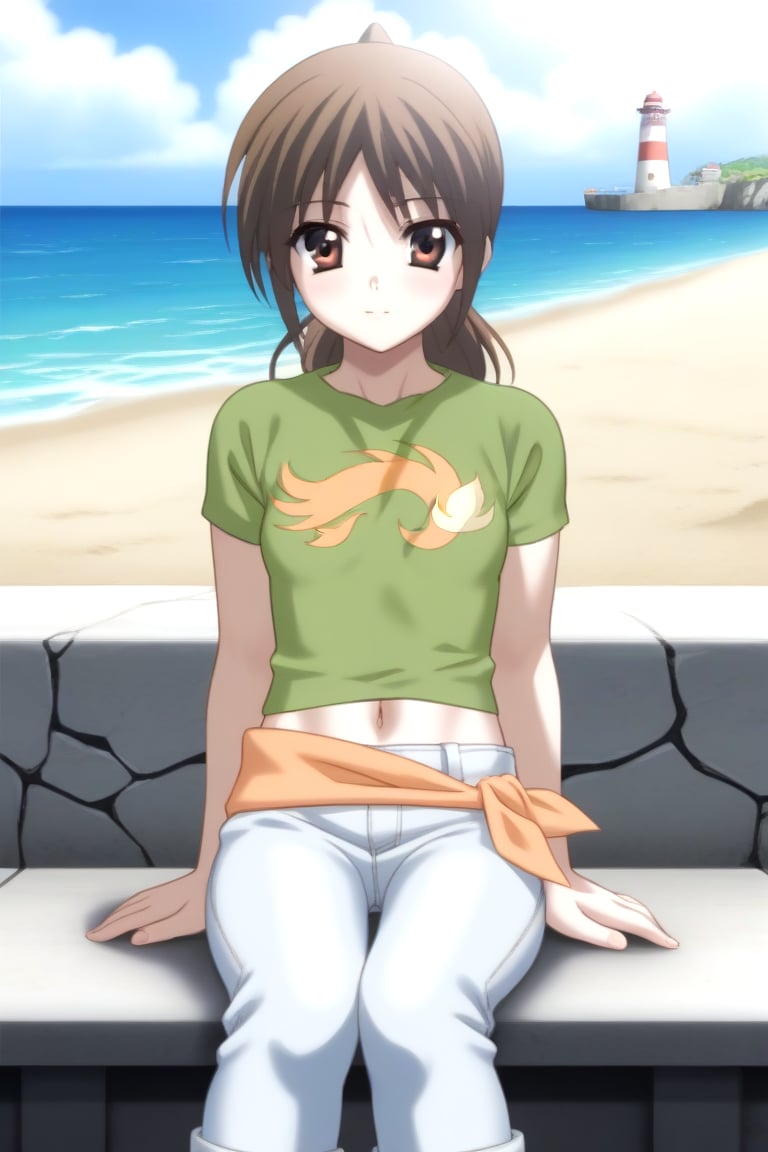 Highly detailed, High Quality, masterpiece, beautiful, source_anime, 1girl, solo, (feminine focus, young woman, 16 years old), Otome Katou, brown hair, brown eyes, medium hair, ponytail, tiny_breasts, green shirt, navel, midriff, pants, jeans, looking_at_viewer, front view, sitting, Open legs, sea lighthouse, stones near the coast<lora:EMS-453333-EMS:1.000000>