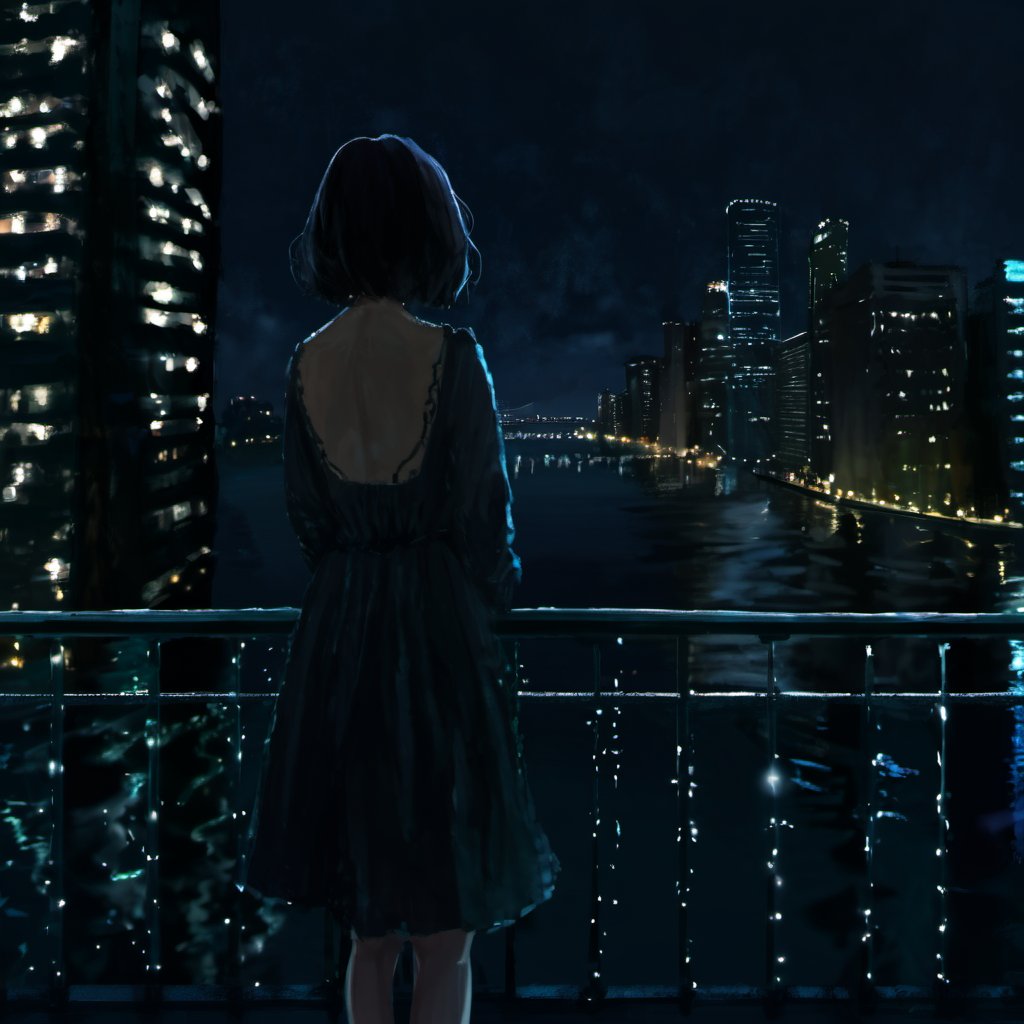 <lora:loneliness_xl_v2:0.8>,a person standing on a balcony looking at the city at night with lights reflecting off the water and a bridge, 1girl, solo, short_hair, black_hair, dress, standing, outdoors, sky, water, from_behind, night, building, scenery, reflection, city, railing, facing_away, cityscape, dark, bridge, city_lights, balcony