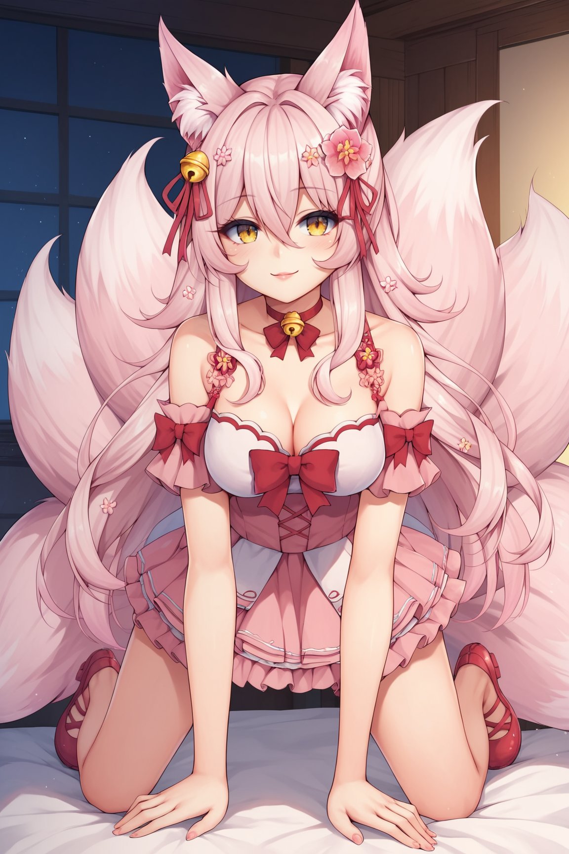 score_9, score_8_up, score_7_up, score_6_up, score_5_up, score_4_up, KitsunnyStarVTXL, animal ears, animal ear fluff, yellow eyes, pink hair, long hair, sidelocks, hair between eyes, hair ornament, hair flower, hair bell, red choker bell, fox tail, multiple tails, medium breasts, bare shoulders, cleavage, pink dress, red ribbon, pink skirt, frills, pink thighighs, shoes, solo, all fours, seductive smile, looking at viewer, indoors  <lora:KitsunnyStarVTXL:0.8>