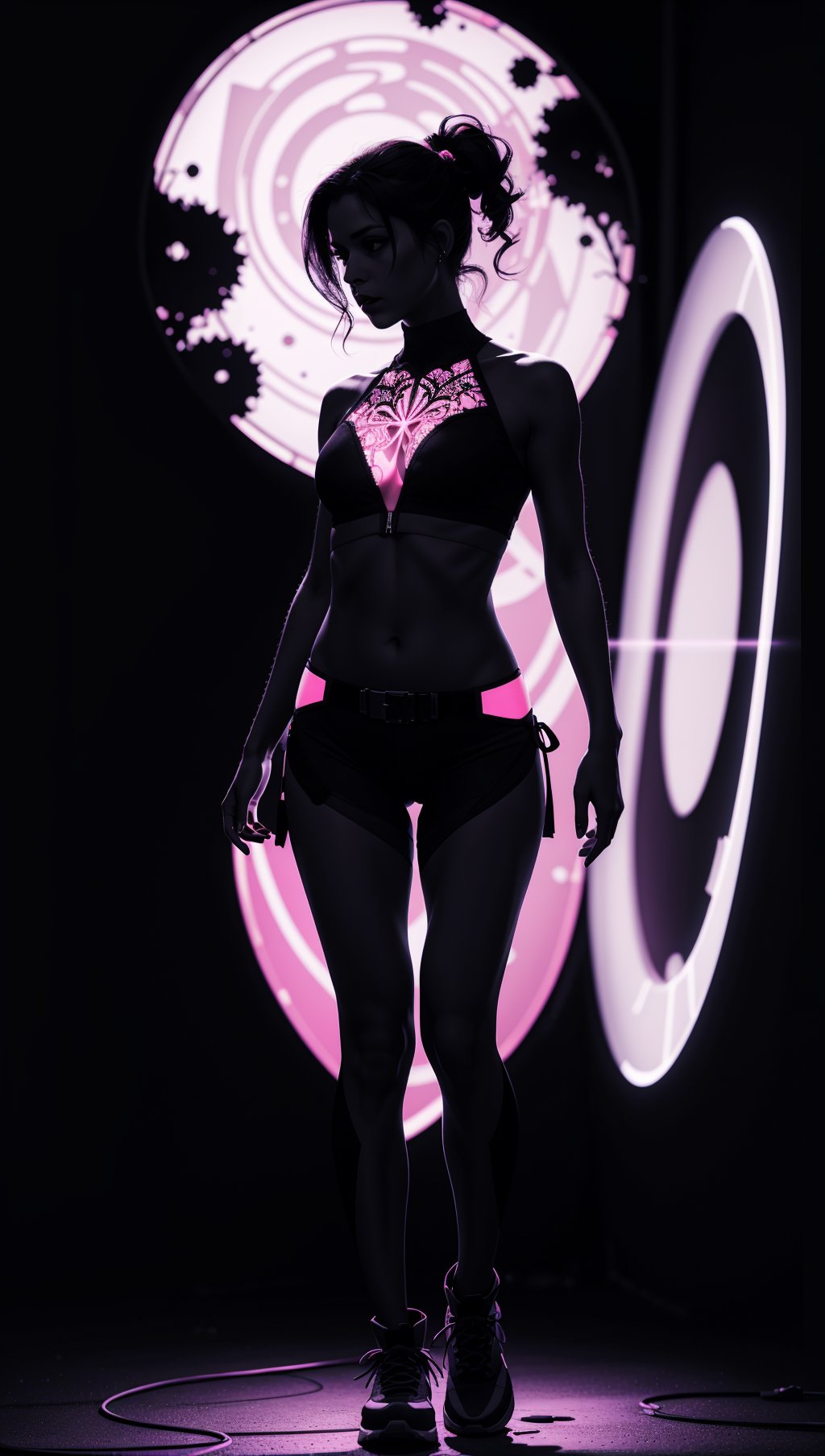 (silhouette:1.25),woman,dark background,blacklight,mid shot,full body,somber expression,looking down,dark energy,vibrant magenta,portal to another world,flat color,flat shading,ultra realistic,highres,superb,8k wallpaper,extremely detailed,intricate,limited palette,pink,