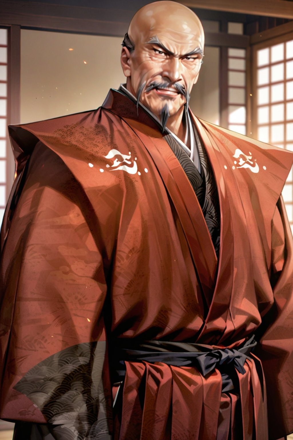 cowboy shot, saitou dousan, (((smile))), samurai, 1man, solo, japanese, male, bald hair, kimono, old man, mustache, beard, kataginuhanhakama,(masterpiece, high-quality, breathtaking, highres, ultra detailed), (expressive eyes, perfect face) <lora:saitou dousan 526:1>