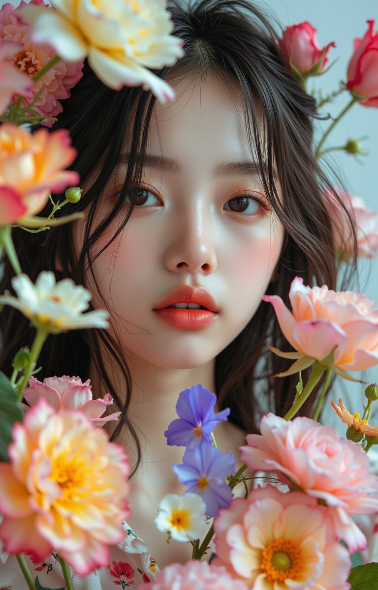 A portrait of a girl with exquisite facial features,bright eyes,and a gentle smile. Her hair is long and flowing,cascading over her shoulders. Surrounded by a variety of flowers including roses,lilies,and violets,all in vibrant colors,creating a harmonious contrast to the girl's soft image. High quality photo,ultra-detailed,sharp focus,photorealistic.,