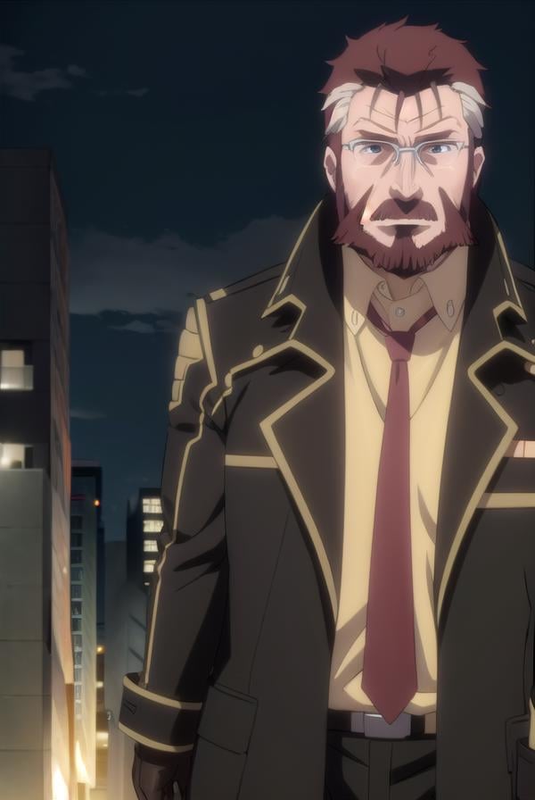 blitztalker, <lora:blitz talker s1-lora-nochekaiser:1>,blitz talker, brown hair, male focus, red hair, multicolored hair, facial hair, scar, (black eyes:1.5), beard, glasses,BREAK shirt, gloves, necktie, black gloves, coat, yellow shirt,BREAK outdoor, city, night, sky, buildings, moon, clouds,BREAK looking at viewer, (cowboy shot:1.5),BREAK <lyco:GoodHands-beta2:1>, (masterpiece:1.2), best quality, high resolution, unity 8k wallpaper, (illustration:0.8), (beautiful detailed eyes:1.6), extremely detailed face, perfect lighting, extremely detailed CG, (perfect hands, perfect anatomy),