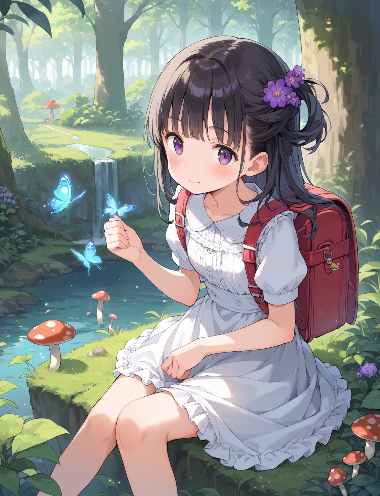 score_9, score_8_up, source_anime, (score_7_up, score_6_up:0.8) , source_anime, official art, masterpiece, highres, BREAKdynamic angle, 1girl, school backpack, (red randoseru:1.4),  alice, sky-blue dress, frilled dress, mini skirt,Mushroom, forest, animals, surrounded, magical, whimsical, enchanting, woodland, creatures, fairy, lights, misty, glow, twilight, serene, peaceful, black hair, blush, building, bug, butterfly, dress, flower, frills, hair ornament, long hair, nature, outdoors, plant, purple flower, sitting, solo, sunlight, tree, white dress, looking at viewer, seductive smile, 