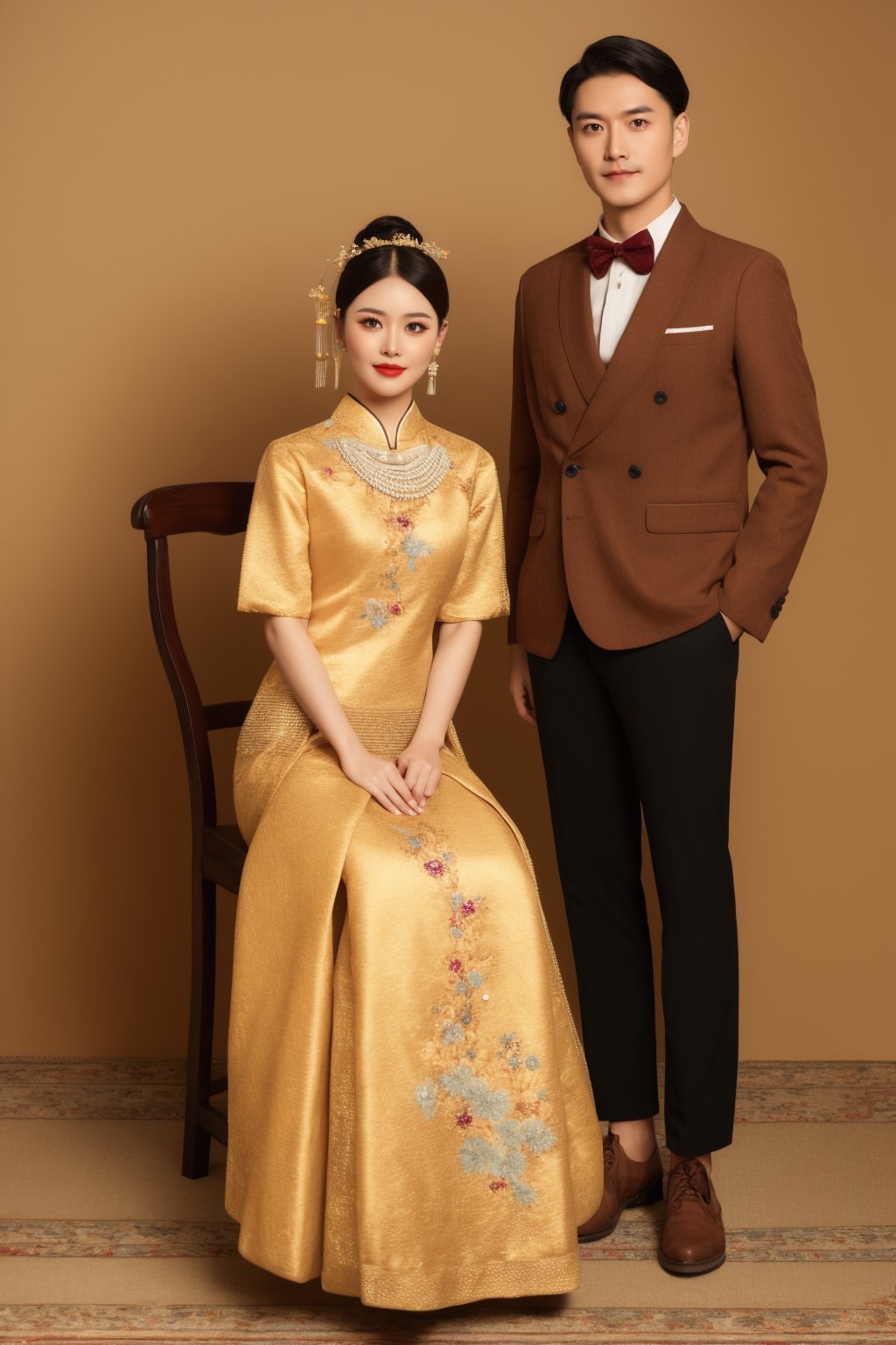 vintage-inspired portrait,Asian couple,traditional attire,formal pose,seated man,standing woman,brown suit,dress with lace collar,pearl necklace,hair updo with accessory,hand on shoulder,wooden chair,studio backdrop,soft lighting,sepia tone,old-fashioned aesthetic,full-length pose,content expressions,coordinated outfits,fashion photography,elegant shoes,cultural representation,intricate makeup,, masterpiece,best quality,ultra-detailed,