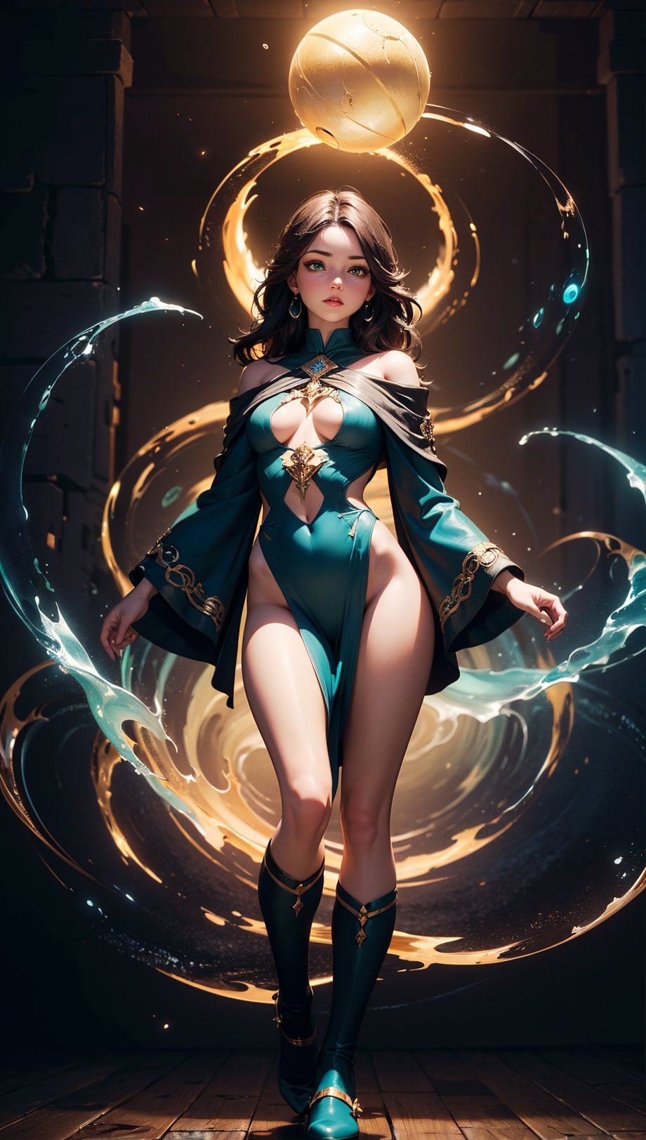 Detailed background,(dungeon with spirits flying about),particles,(style-swirlmagic:0.9),floating particles,glowing orb,masterpiece,(realistic, photo-realistic:1.37),22 year old woman,brown flowing hair,(green glowing eyes),beautiful face,perfect illumination,looking at viewer,(wearing sorcerer robes)(body illumination:1.5),((full body shot, standing)),