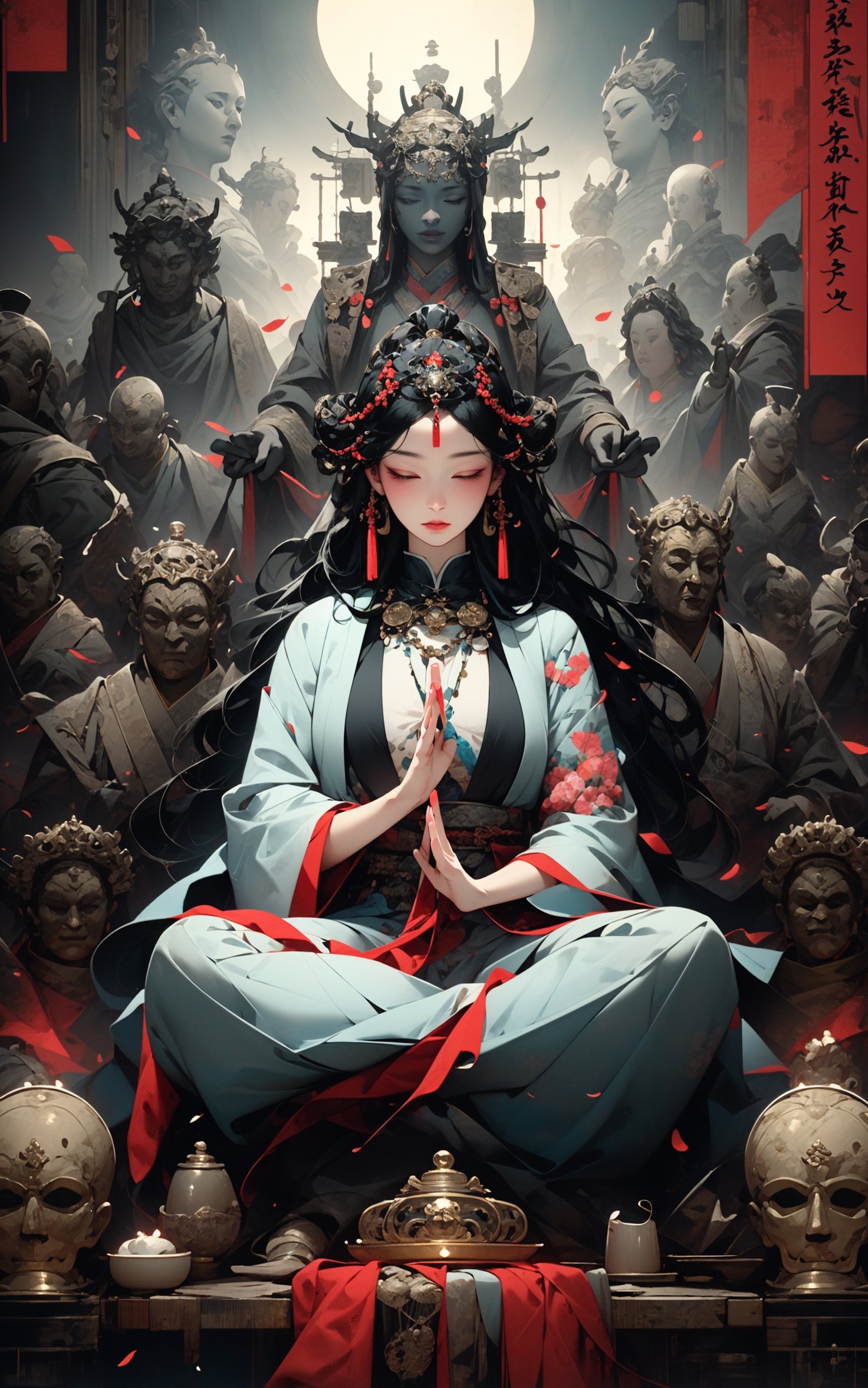 a woman meditating in front of lots of masks, in the style of zhang jingna, photomontage, hirohiko araki, oriental, sergio toppi, theatrical, poster art， <lora:绪儿已成精-佛:0.8>