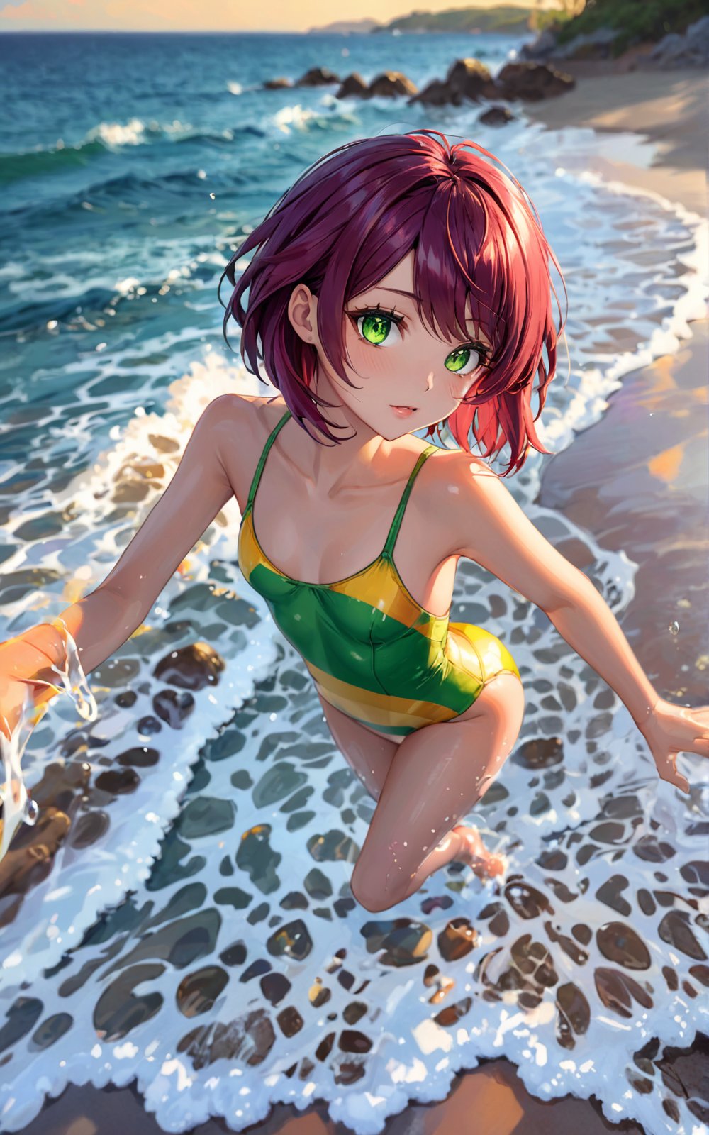 watching the sunset, chromatic aberration, swimsuit, playful, at the beach, full body, sexy instagram pose, oily skin, dynamic angle, 1girl, A-line haircut, small boobs, flat chest, Long-limbed body, green eyes, Maroon hair, high definition photo, ultra detailed skin, ultra detailed face, small skin imperfections