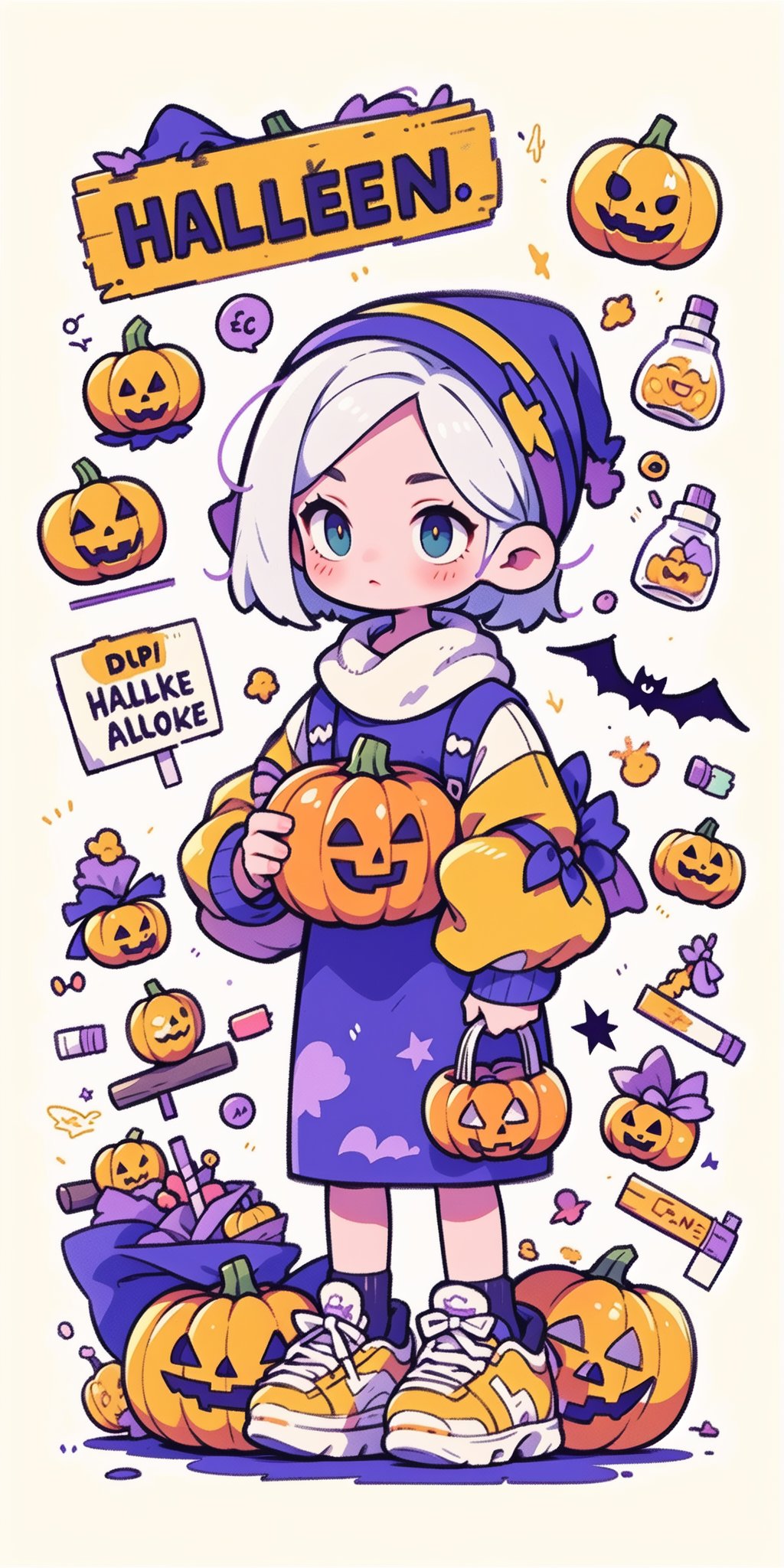 1girl,sign,English text, Halloween, candy, pumpkin lantern