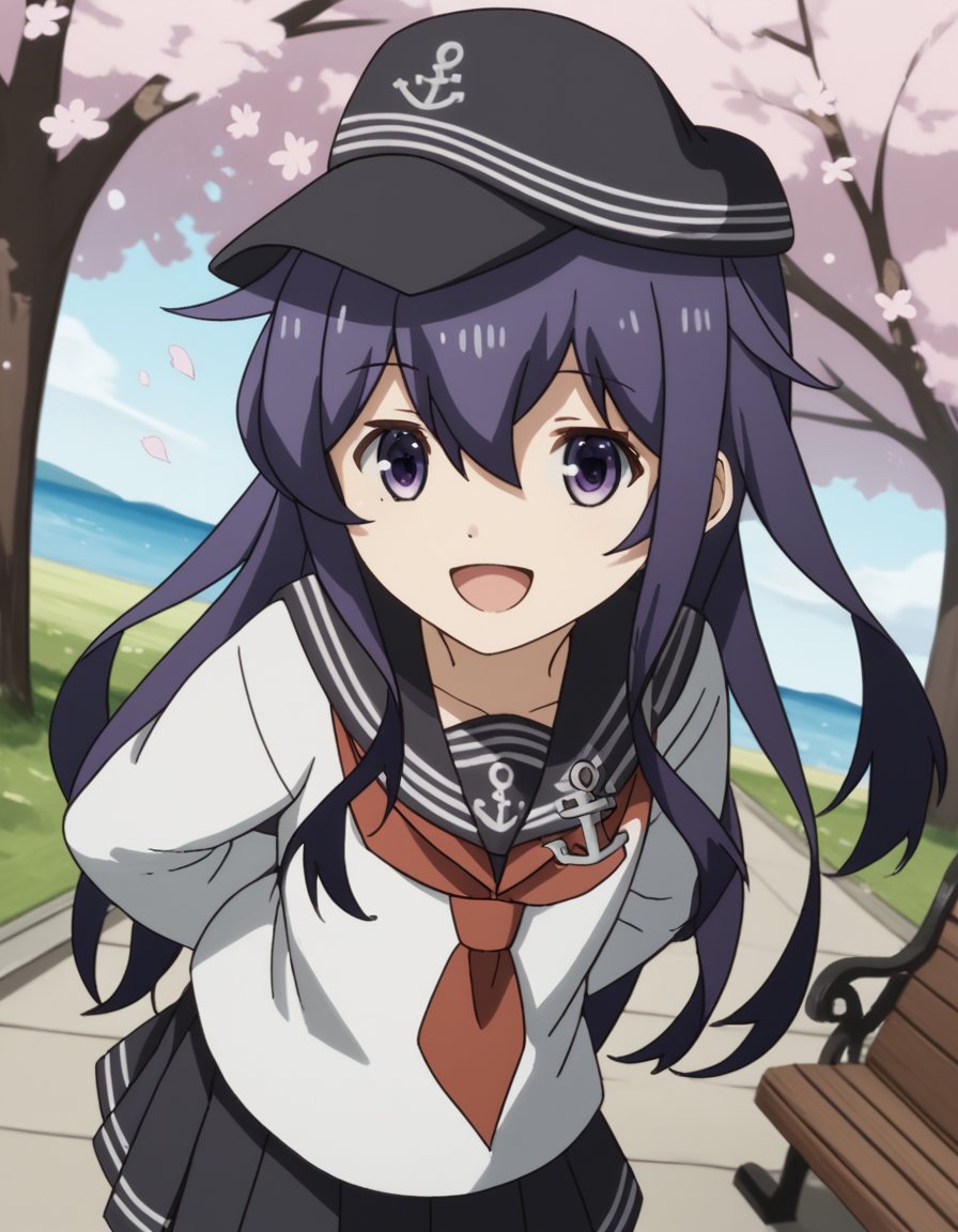 score_9, score_8_up, score_7_up, source_anime, <lora:kancolle-akatsuki-s1-ponyxl-lora-nochekaiser:1>, akatsuki, long hair, hair between eyes, purple eyes, purple hair, akatsuki (kancolle), skirt, shirt, long sleeves, hat, school uniform, pantyhose, pleated skirt, serafuku, black skirt, sailor collar, neckerchief, black pantyhose, red neckerchief, anchor symbol, flat cap,, park, cherry blossoms, bench, gentle breeze, peaceful, running, open mouth,, , looking at viewer, hands behind back, bent over, smile, solo,, cowboy shot, dutch angle