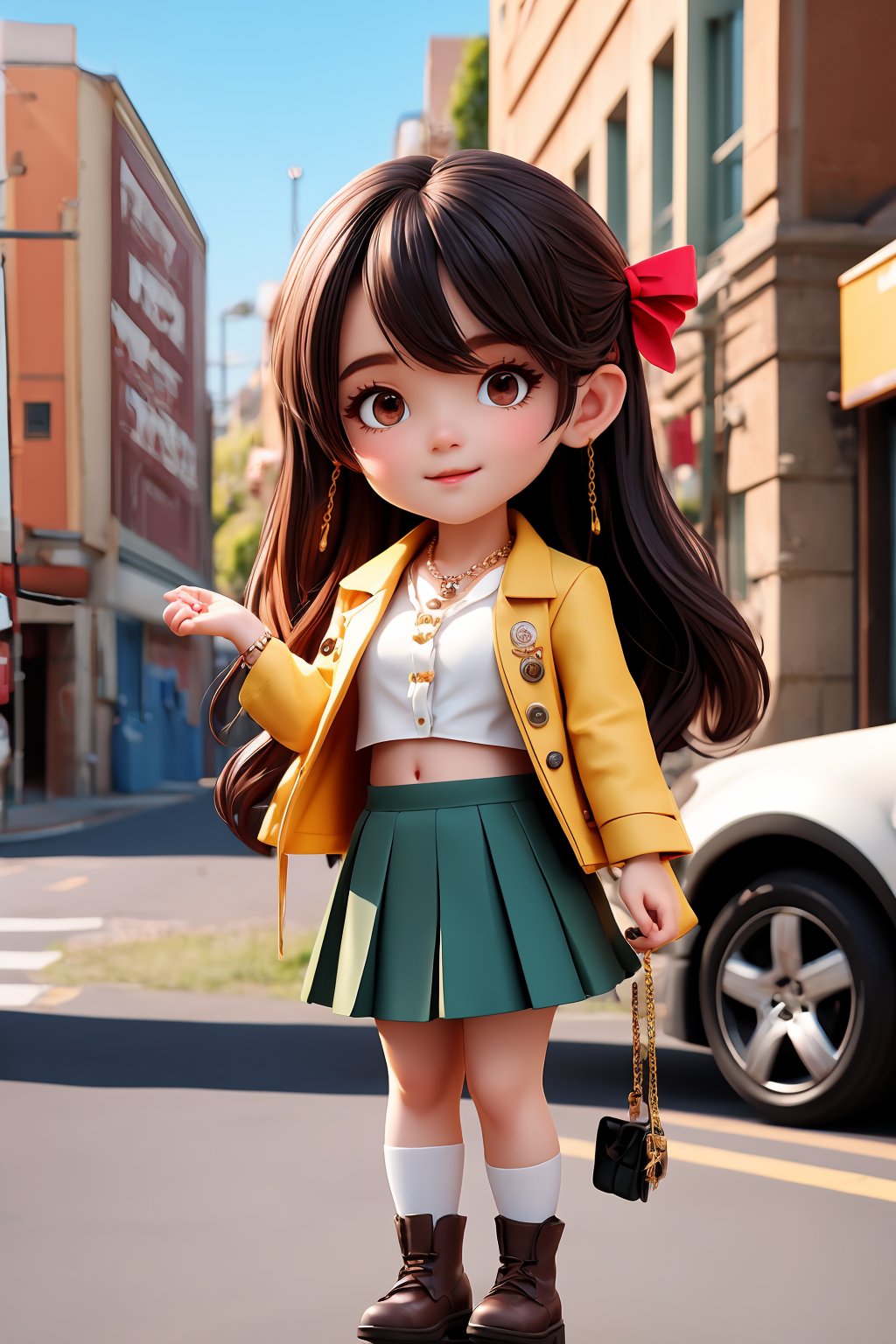 1girl, breasts, skirt, underwear, necklace, looking at viewer, navel, shirt, bracelet, cleavage, solo, long hair, pleated skirt, outdoors, cowboy shot, car, skirt, sleeves rolled up, midriff, collar, road, miniskirt, motor vehicle, collarbone, collared shirt, thighhighs, street, standing, chain, buttons, watch, bow, buttoned, single thighhigh, day, lace trim, wristwatch, jacket,